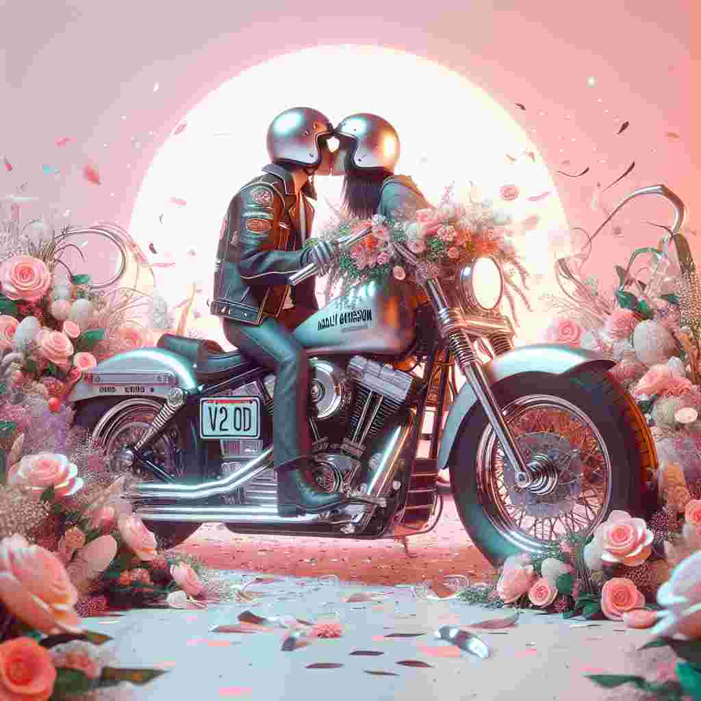Visualize a dreamy Valentine's Day theme. The focus is a classic Harley Davidson motorcycle with gleaming chrome details set against a pastel backdrop. The bike's license plate notably reads 'V2 ODD', lending a personalized vibe. Flourishing floral arrangements and drifting confetti adorn the surrounding scene, contributing to the romantic ambiance. Two motorcycle helmet-wearing lovers, a Middle-Eastern male and a Caucasian female, exchange a heartfelt kiss while perched on the majestic bike.
Generated with these themes:  Harley Davidson motor bike, and Registration V2 ODD.
Made with ❤️ by AI.
