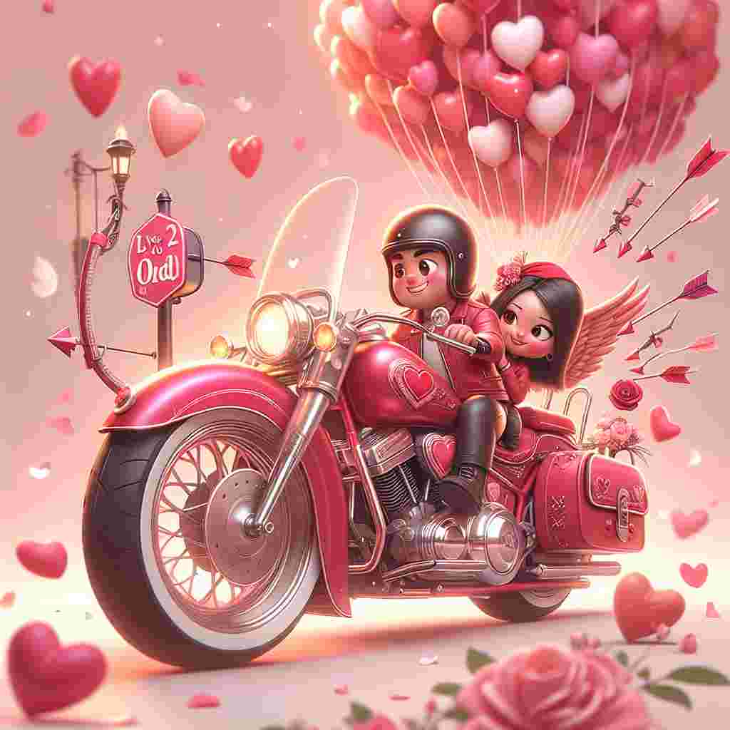 Create a whimsical Valentine's Day illustration featuring a bright red motorcycle, resembling a popular cruiser model, adorned with hearts and arrows associated with Cupid. The bike glows under a canopy of pink and white balloons, and its registration plate humorously displays 'V2 ODD'. The background is filled with soft, blush tones and floating rose petals. On this vibrant bike, a couple of animated characters with helmets, one a Middle-Eastern male and the other a Caucasian female, share an endearing moment. Their joyful and loving demeanor is a testament to the spirit of love and adventure that Valentine's Day symbolizes.
Generated with these themes:  Harley Davidson motor bike, and Registration V2 ODD.
Made with ❤️ by AI.