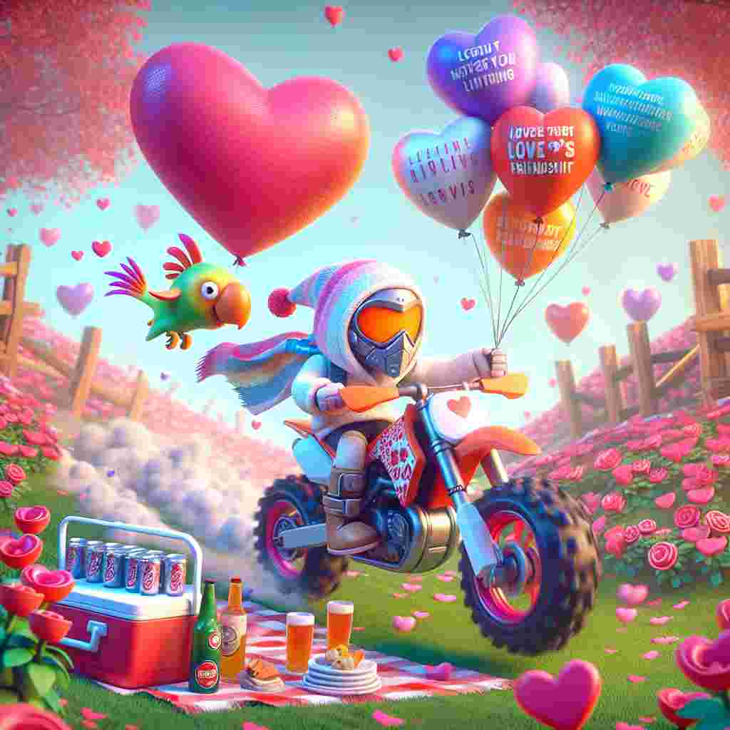 A charming Valentine's Day animated scene features a whimsical character inspired by a popular multiplayer game. They are holding a heart-shaped shield and riding a vibrantly colored dirtbike, lacking distinctive brand logos but adorned with random, fun patterns. These cartoonish wheels plow through a heart-filled garden, evoking thoughts of a popular gardening game, with imaginary parrotfish playfully leaping in and out of the flowing flower petals. Floating gently above are helium balloons showing common phrases and words related to love and friendship, while a cooler of frosty non-branded beverages sits by a cozy picnic setup, inviting the spirit of love and camaraderie.
Generated with these themes: Fortnite, Dirtbike, Top Boy, Beers, Adidas, Gardenscapes, and Parrotfish.
Made with ❤️ by AI.