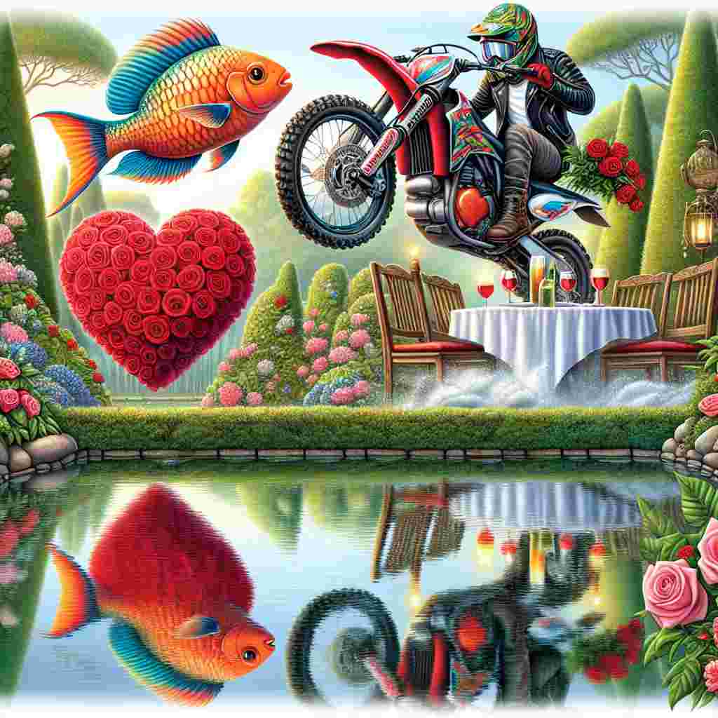 In this charming illustration, a pair of vibrant, cartoon parrotfish swim in a crystal clear pond set in the center of an exquisite, lush garden. On the pond's surface, the reflection of a creatively designed dirt bike, embellished with three stripes and brimming with affection can be seen. A rider, sporting a leather jacket and helmet, performs a thrilling wheelie while holding a bouquet of red roses. He pops a heart-shaped wheelie as a delightful surprise. In the background, a rustic dining table is ready for a special Valentine's Day dinner for two, with frosty beverages adding a sophisticated touch to the playful ambiance.
Generated with these themes: Fortnite, Dirtbike, Top Boy, Beers, Adidas, Gardenscapes, and Parrotfish.
Made with ❤️ by AI.