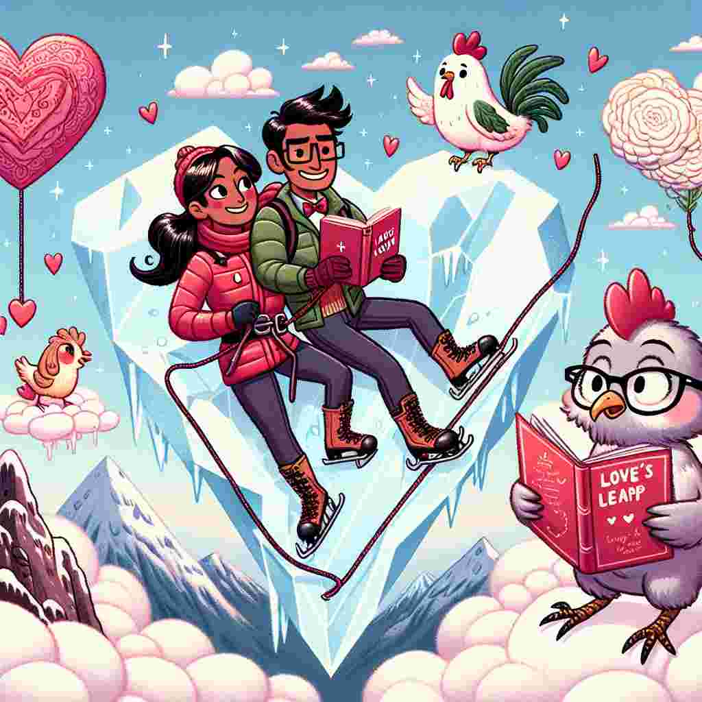 Create a whimsical Valentine's Day-inspired image combining elements of fiction and reality. The core scene includes a cartoonish couple, one South Asian woman and one Black man, ice climbing on a heart-shaped glacier. They are filled with love and determination. Adding to the charm, a whimsical chicken with glasses and a bow tie is soaring in the sky, engaged in reading a book titled 'Love's Leap.' Surrounded by clouds shaped like cabbages, there's an endearing rabbit character, who we'll call Henry, holding a Valentine card, offering advice in this journey of love.
Generated with these themes: Ice climbing, Fiction, Nabakov, Chicken cabbage, and Henry.
Made with ❤️ by AI.