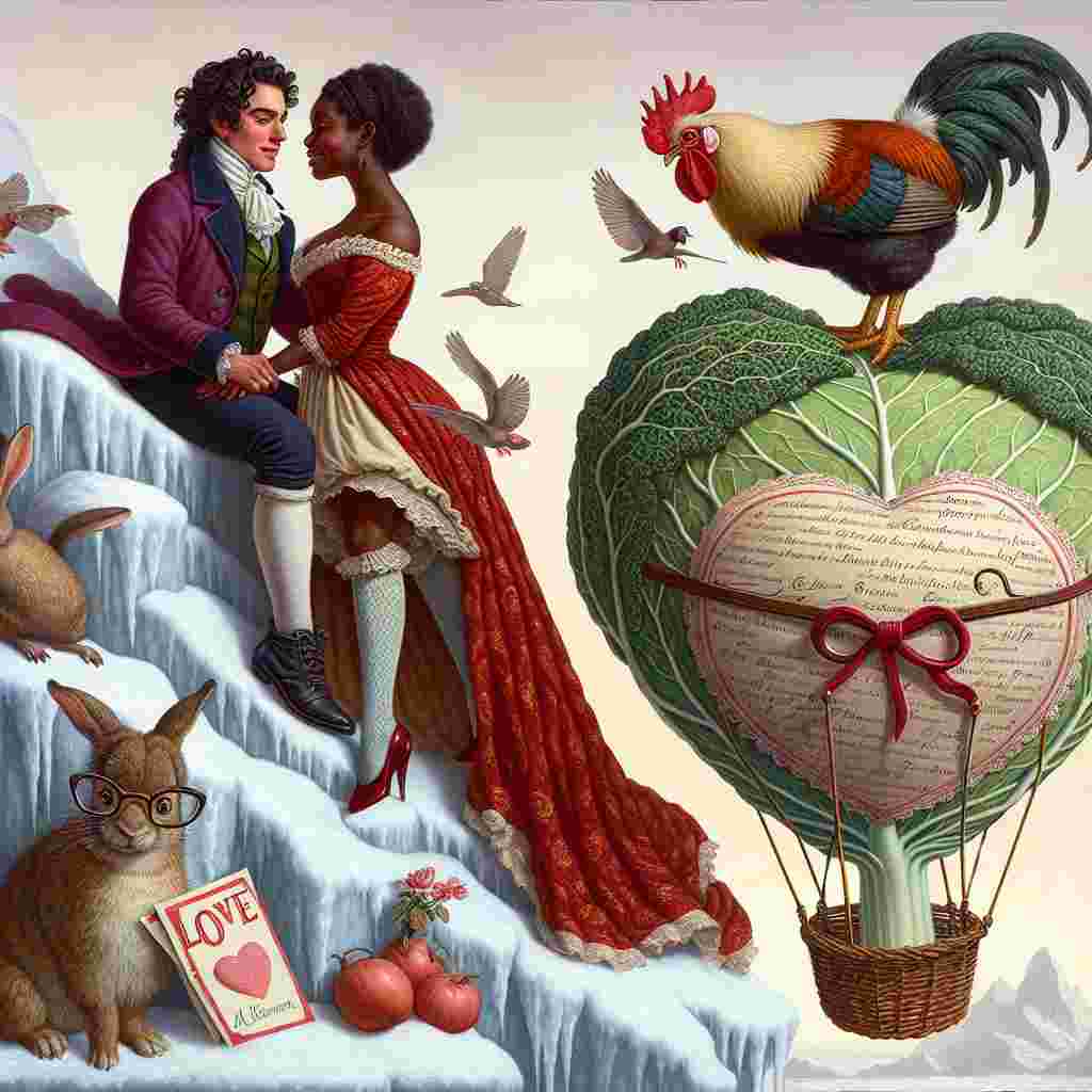 Create a romantically charged image that encapsulates the spirit of a traditional 18th century Romantic novella. A brave couple is shown, one a Black woman and the other a Hispanic man. They bravely ascend a steep, icy heart, symbolizing their potent romance. A peculiar chicken, wearing glasses, sits on top of a fanciful cabbage-shaped hot air balloon, demonstrating a fusion of the bizarre and intellectual. A mischievous rabbit named Henry, who is often involved in romantic escapades, supervises the scene. Henry holds a Valentine's card in his paw, ready to facilitate love's course. The image should embody richly detailed, whimsical characteristics with a sprinkle of academic intrigue.
Generated with these themes: Ice climbing, Fiction, Nabakov, Chicken cabbage, and Henry.
Made with ❤️ by AI.