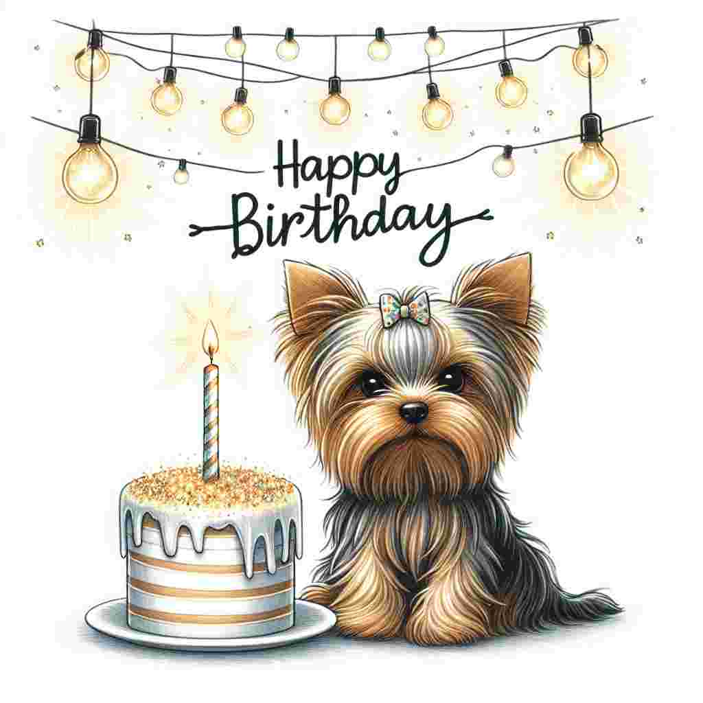 A whimsical illustration showing a cute Yorkshire Terrier sitting beside a birthday cake topped with a single lit candle. Over its head, 'Happy Birthday' is spelled out in a string of delicate, fairy-like lights.
Generated with these themes: Yorkshire Terrier  .
Made with ❤️ by AI.