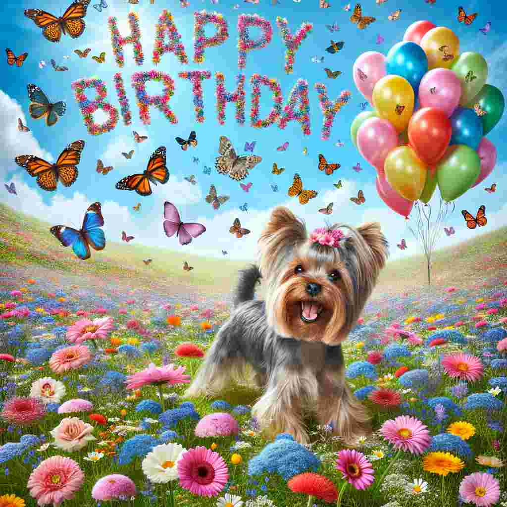 A cheerful Yorkshire Terrier is depicted frolicking in a meadow filled with flowers and birthday balloons. ‘Happy Birthday’ is written in the sky above, formed by the flight pattern of a group of butterﬂies.
Generated with these themes: Yorkshire Terrier  .
Made with ❤️ by AI.