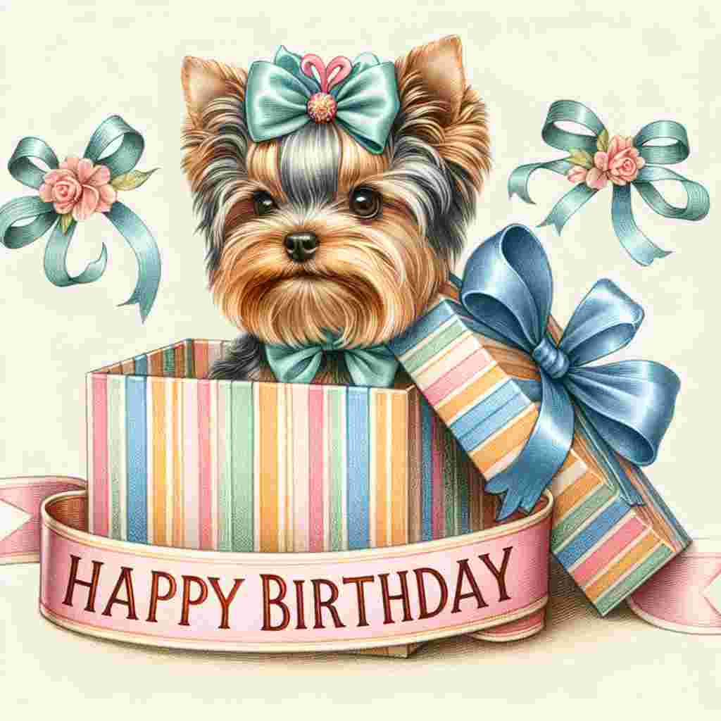 In this heartwarming birthday scene, a Yorkshire Terrier with a bow is peeking out of a beautifully wrapped gift box. The 'Happy Birthday' message is displayed on a banner that drapes across the top corner of the illustration.
Generated with these themes: Yorkshire Terrier  .
Made with ❤️ by AI.