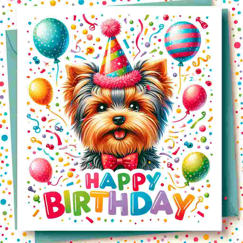 A colorful birthday card featuring an adorable Yorkshire Terrier wearing a party hat. Confetti and balloons surround the cheerful pup, with the phrase 'Happy Birthday' written above in playful, bubble letters.
Generated with these themes: Yorkshire Terrier  .
Made with ❤️ by AI.