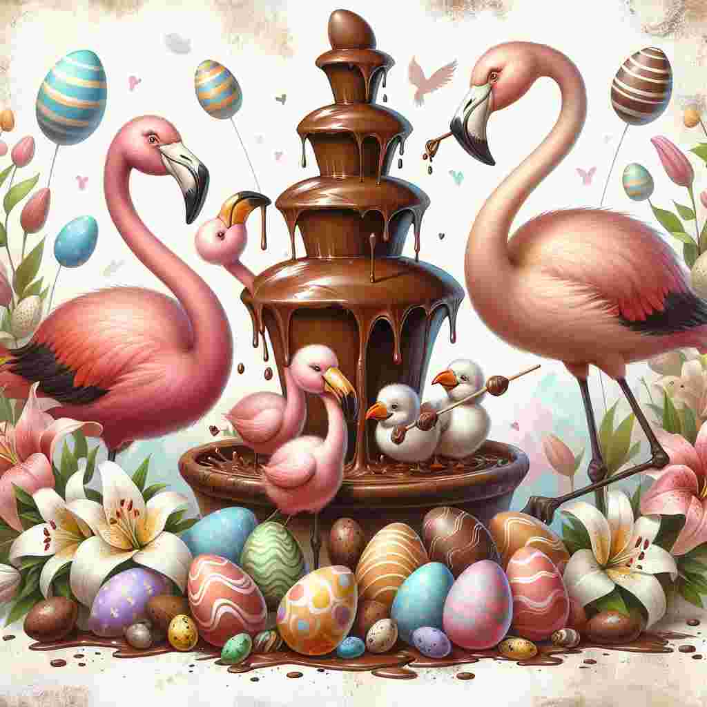 A jovial family of flamingos is depicted around a cascading chocolate fountain, delighting in dipping painted Easter eggs into the nourishing chocolate. The scene is set against a backdrop brushed with Easter lilies and scattered chocolate eggs, creating a captivating sight that epitomizes the delight and sweetness of the Easter celebration.
Generated with these themes: Chocolate , and Flamingos .
Made with ❤️ by AI.