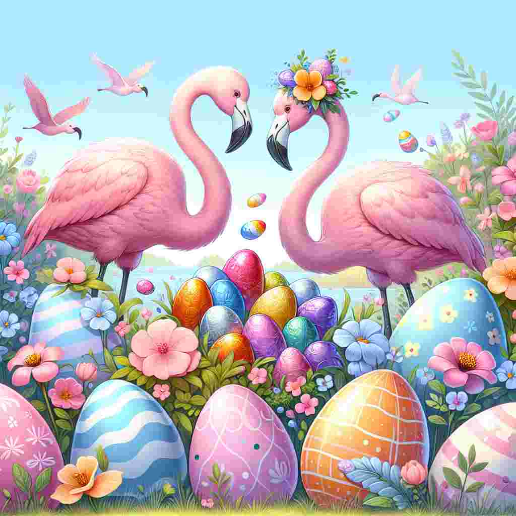 Create a whimsical Easter-themed illustration in which two pink flamingos are participating in an egg hunt. However, instead of regular Easter eggs, these clever birds are finding various types of chocolates, each wrapped in brightly colored foil. These surprise confections are carefully hidden among a garden of blooming spring flowers. To further emphasize the Easter theme, the background of this joyous scene includes a scattering of pastel-colored eggs. The entire image is under a clear sky with a soft and soothing shade of blue, contributing an overall sense of festive ambiance.
Generated with these themes: Chocolate , and Flamingos .
Made with ❤️ by AI.