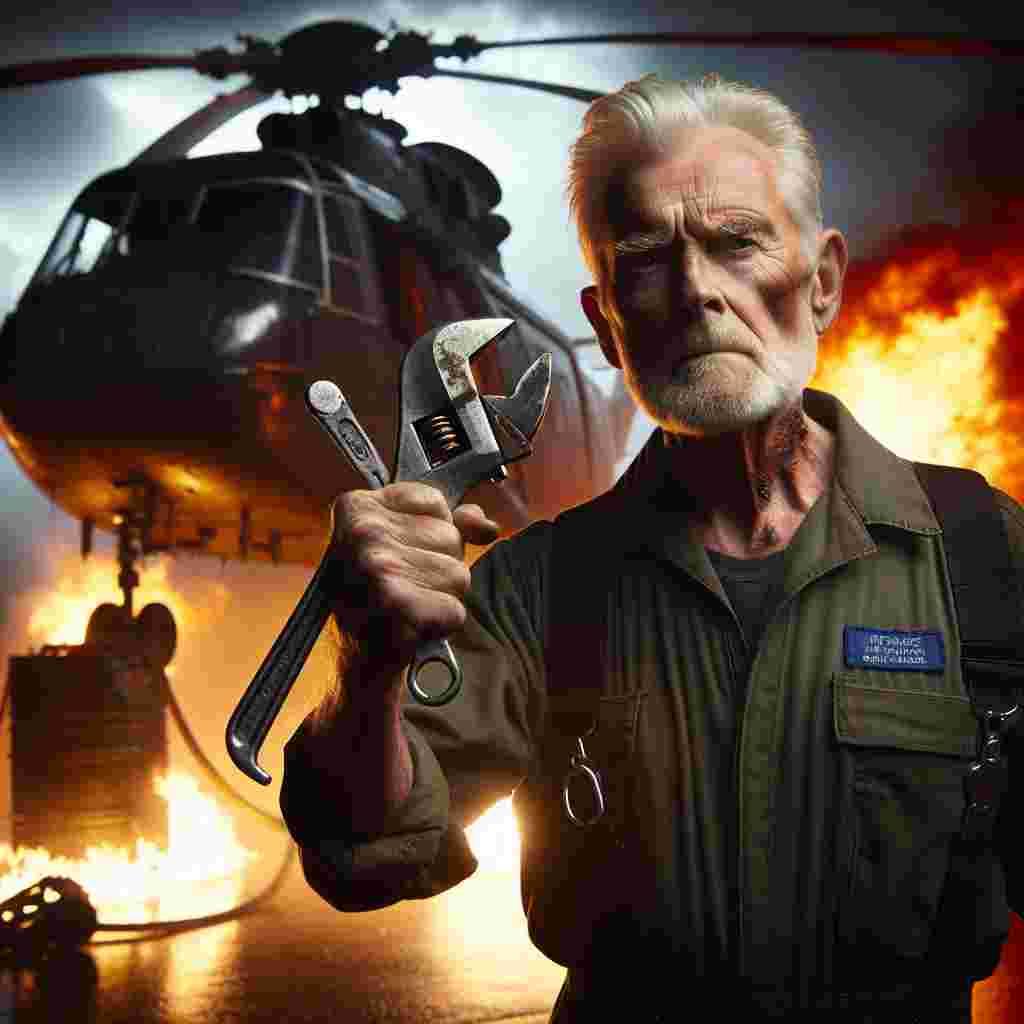 Produce a dramatic scene showing an elderly Caucasian male aircraft engineer from Wales demonstrating courage and dedication. His face is weathered and bears the marks of wisdom that come with age. He presents a defiant stance amidst chaos, firmly gripping a spanner in his hand. As a contrast to his determination, there's a helicopter engulfed in flames behind him, emphasizing his resolve to mend what's broken and restore safety amidst the hazards. The man stands as a symbol of bravery and tenacity, an embodiment of the unsung heroes who work tirelessly in high-stake occupations.
Generated with these themes: an old welsh male aircraft engineer with a spanner in hand stood in front of a helicopter on fire.
Made with ❤️ by AI.