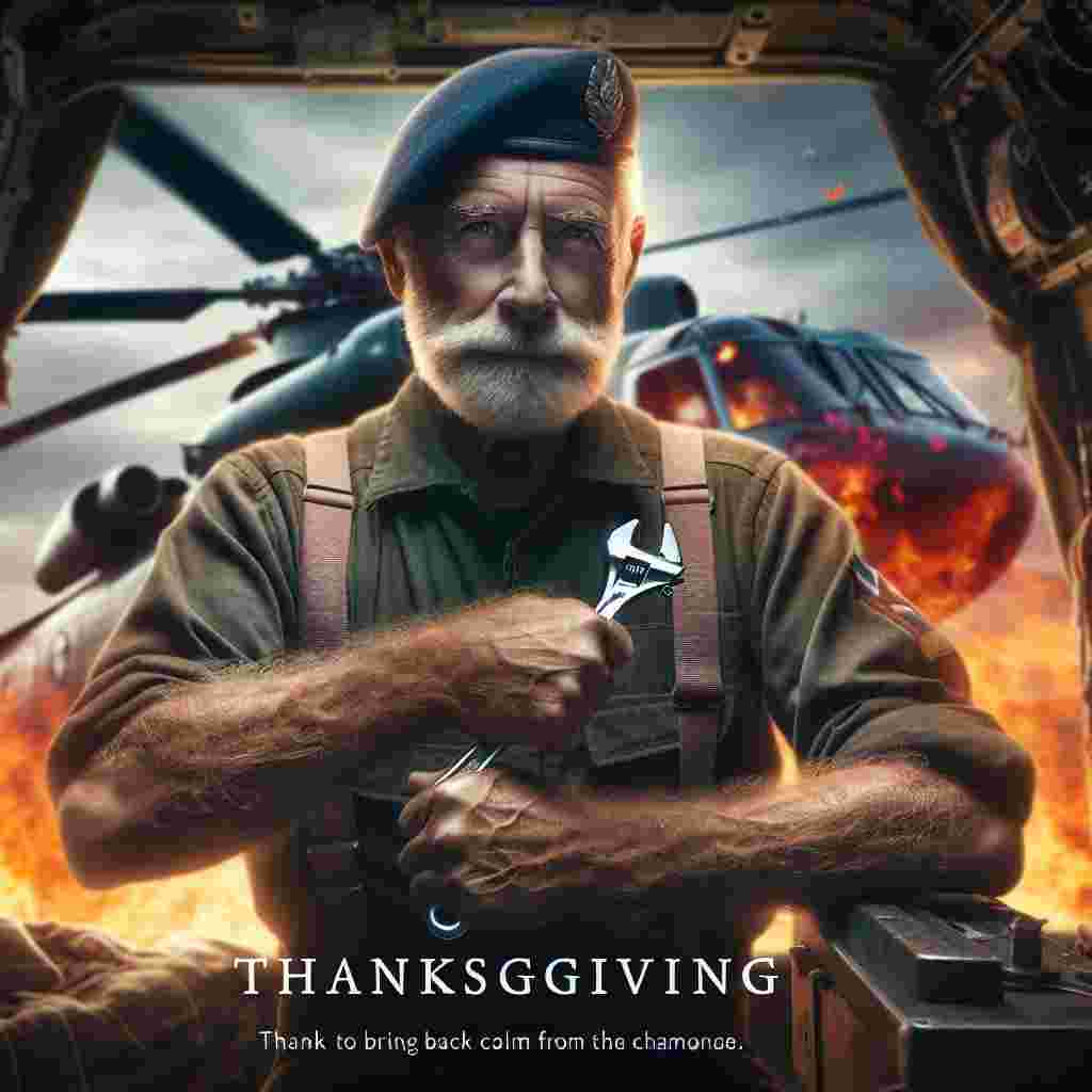 A powerful scene unfolds at thanksgiving, showcasing the resilience and determination of an elderly Welsh aircraft engineer. His matured and tough hands clutching a spanner, narrate a lifetime of hard work in this field. Unmoved by the intense blaze from a helicopter in the background, his posture reflects an unspoken promise to bring back calm from the chaos.
Generated with these themes: an old welsh male aircraft engineer with a spanner in hand stood in front of a helicopter on fire.
Made with ❤️ by AI.