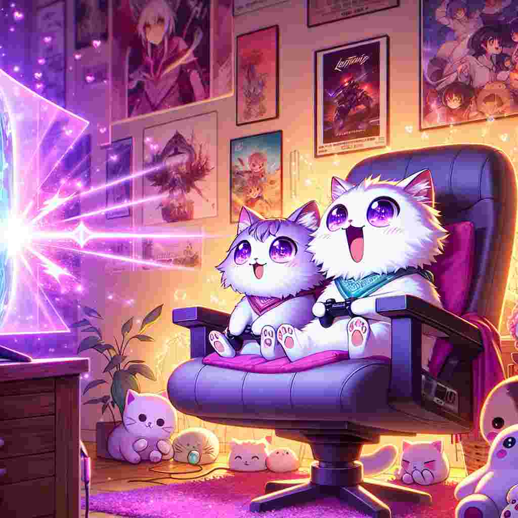 Generate an image of a charming Valentine's Day artwork where two adorable cats, reminiscent of anime illustrations, are comfortably sitting in a gaming chair. They are absorbed in a video game, the bright purple screen of which is casting an enchanting light that is mirrored in their ecstatic eyes. Behind them, we can see a wall decorated with generic posters of animated movies and an assortment of stuffed animals, all adding a cozy, personalized touch to the setting and setting up the perfect scene for a romantic date night.
Generated with these themes: Cats, Gaming, Anime, Purple, and Movies.
Made with ❤️ by AI.