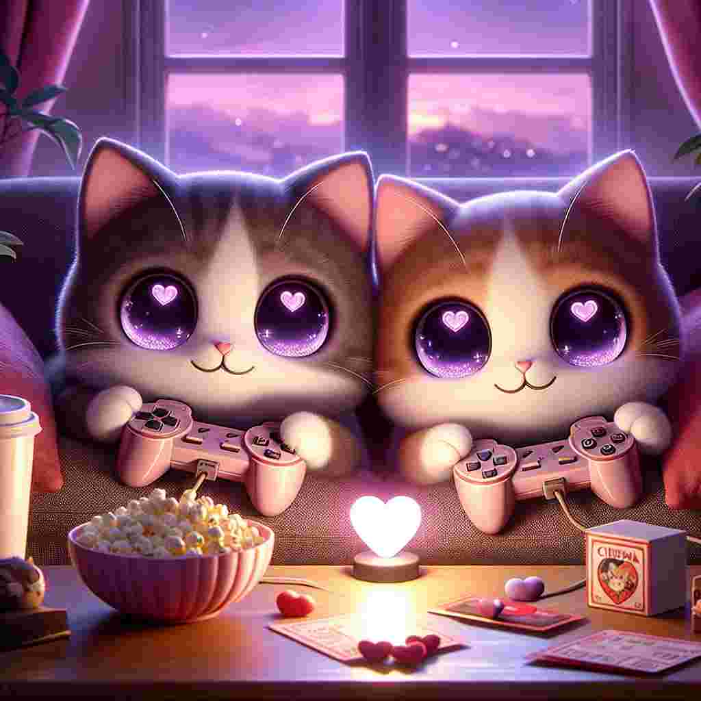 Create an enchanting Valentine's Day image featuring two adorable cats with wide, sparkling eyes, lounging comfortably on a couch. These cats are engaged in a friendly video game match, each holding controller carved in the shape of a heart. Surrounding them are subtle references and items inspired by well-known anime. The soft purple tones of an evening sky peer through a nearby window, imbuing the scene with a romantic illumination. The atmosphere is further enhanced by the presence of cinema tickets and a miniature bowl of popcorn on a coffee table, suggesting a delightful stay-at-home date.
Generated with these themes: Cats, Gaming, Anime, Purple, and Movies.
Made with ❤️ by AI.