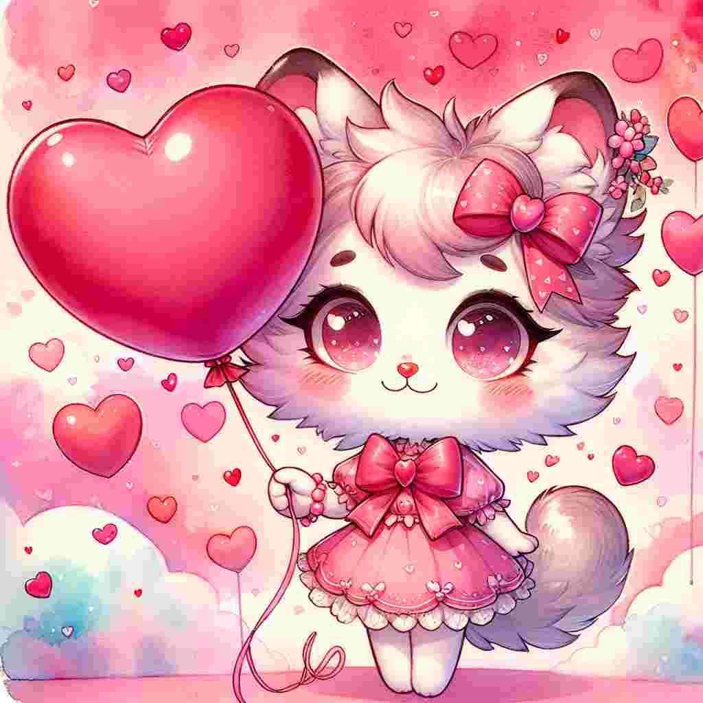 Create a charming Valentine's Day-themed illustration featuring a cute anthropomorphic cat character holding a big heart-shaped balloon. The character is adorned with a pink bow and a dress decorated with tiny hearts. The air around her is filled with numerous floating hearts and soft, pastell-like clouds. Her cheeks are slightly blushed as she stands against a vibrant pink and red watercolor wash backdrop, capturing the love-filled atmosphere of the holiday.
Generated with these themes: hello kitty.
Made with ❤️ by AI.