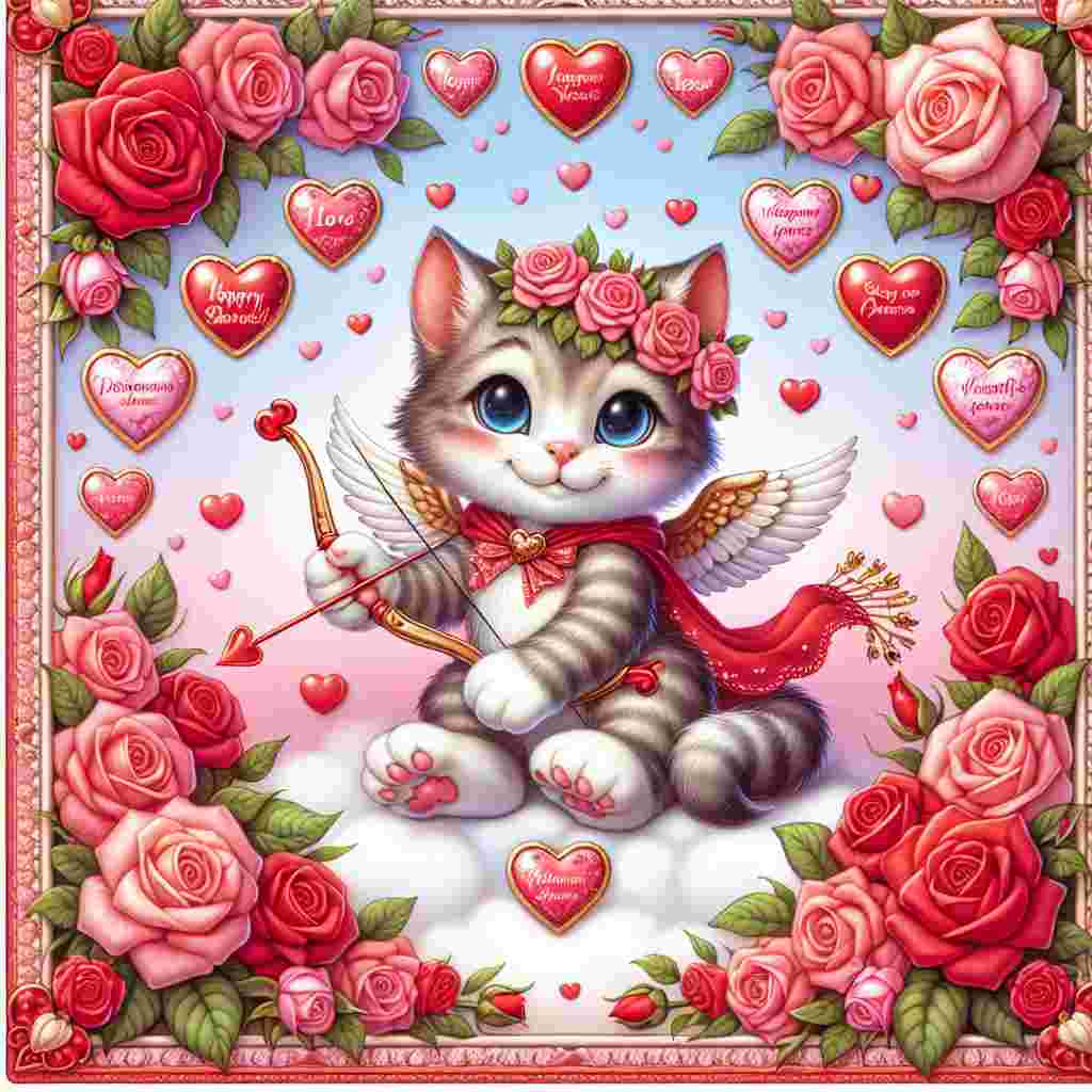 In this delightful Valentine's Day illustration, a cute cat is the centerpiece, sitting in a garden abundant with red and pink roses. The cat is dressed in a cupid costume with exquisite wings, and in its paws, it holds an arrow adorned with hearts. The scene is wrapped with a border of heart-shaped candies, each bearing affectionate messages, emulating the tender sentiment of Valentine's Day.
Generated with these themes: hello kitty.
Made with ❤️ by AI.