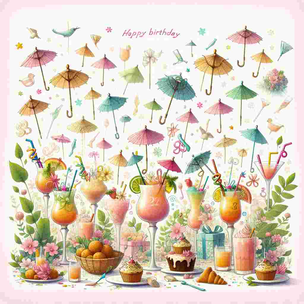 Imagine a delightful birthday illustration where an array of whimsical cocktails, each ornately decorated with mini umbrellas and twisty straws, take center stage. These beverages are artistically presented against a backdrop of soft pastel flowers and lush green plants that seem to sprout from the corners of the image composition. A selection of appetizing finger foods are playfully scattered throughout the scene, each intricately drawn to spark the viewer's appetite. Interspersed among these culinary delights are subtle references to a variety of holidays, their festive symbols perfectly woven into the design to enhance the overall festive and celebratory atmosphere.
Generated with these themes: Cocktails, Flowers, Plants, Food, and Holidays.
Made with ❤️ by AI.