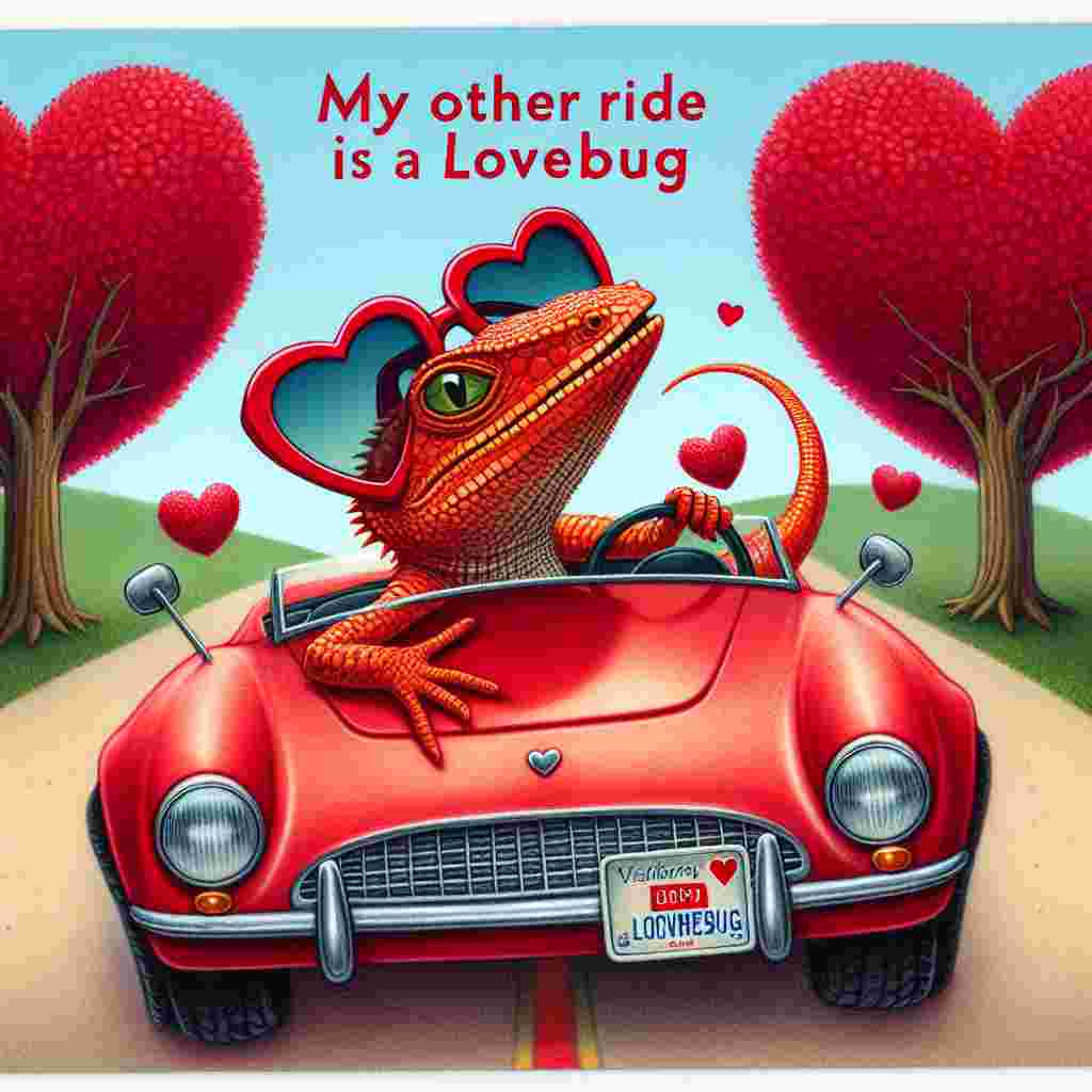 A humorous yet realistic Valentine's Day card design. Visualize a bright red lizard wearing sunglasses in the shape of hearts. This unconventional character is pictured sitting at the helm of a convertible car, driving down a road framed by trees shaped like hearts. On the car's bumper, there's a sticker with the text: 'My Other Ride Is A Lovebug'.
Generated with these themes: Red, Lizard, and Car.
Made with ❤️ by AI.