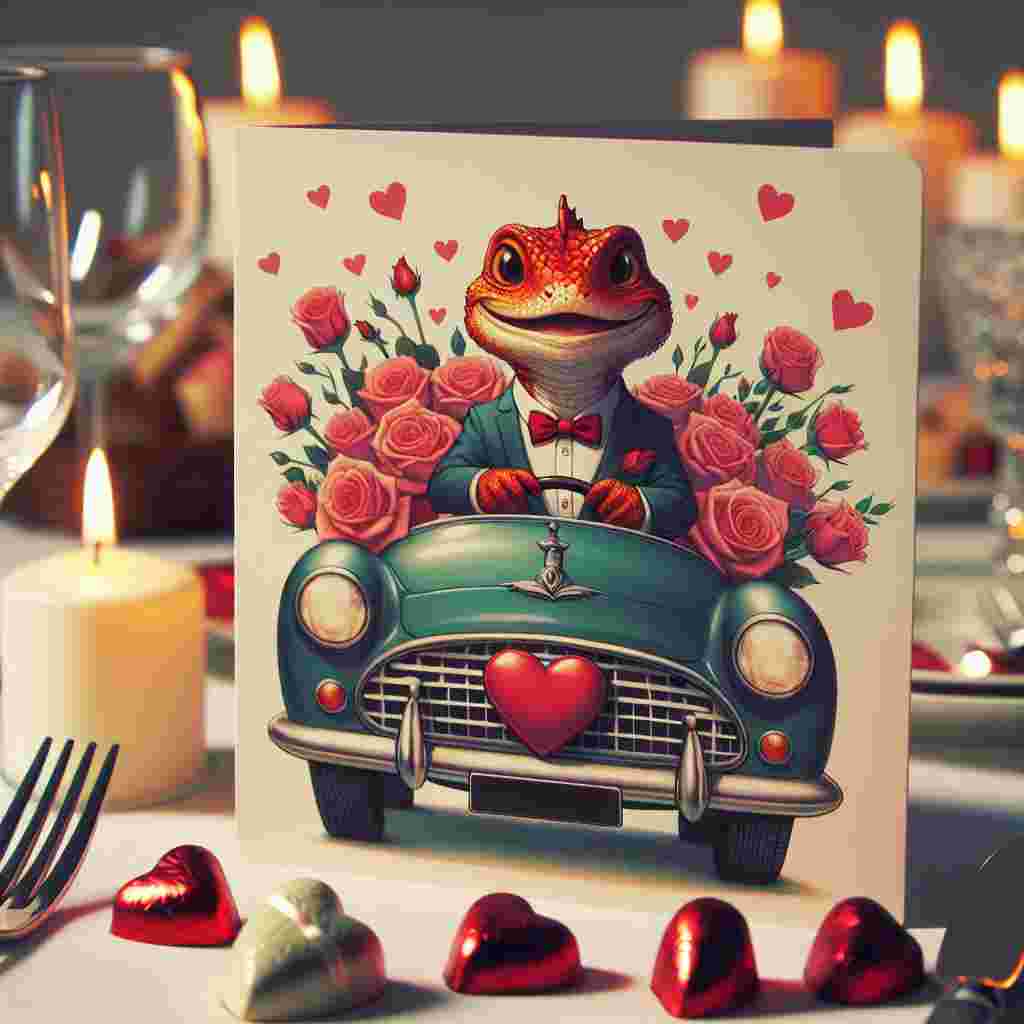 Imagine a dinner table impeccably adorned for a Valentine's feast. The tablecloth is pristine white, and the candles cast soft, ambient light. In the center, a standout feature is a card. The card features an illustration of a cute, mischievous lizard, colored bright red, sporting a dapper bow tie. This little reptilian rascal is seen joyfully driving a vintage automobile filled to the brim with exquisite roses. On the plush passenger seat, one can spot a delightful box of chocolates. Rather than being predictable hearts, the chocolates are intriguingly shaped like small toy cars, insinuating a playful and exuberant evening waiting to unfold.
Generated with these themes: Red, Lizard, and Car.
Made with ❤️ by AI.