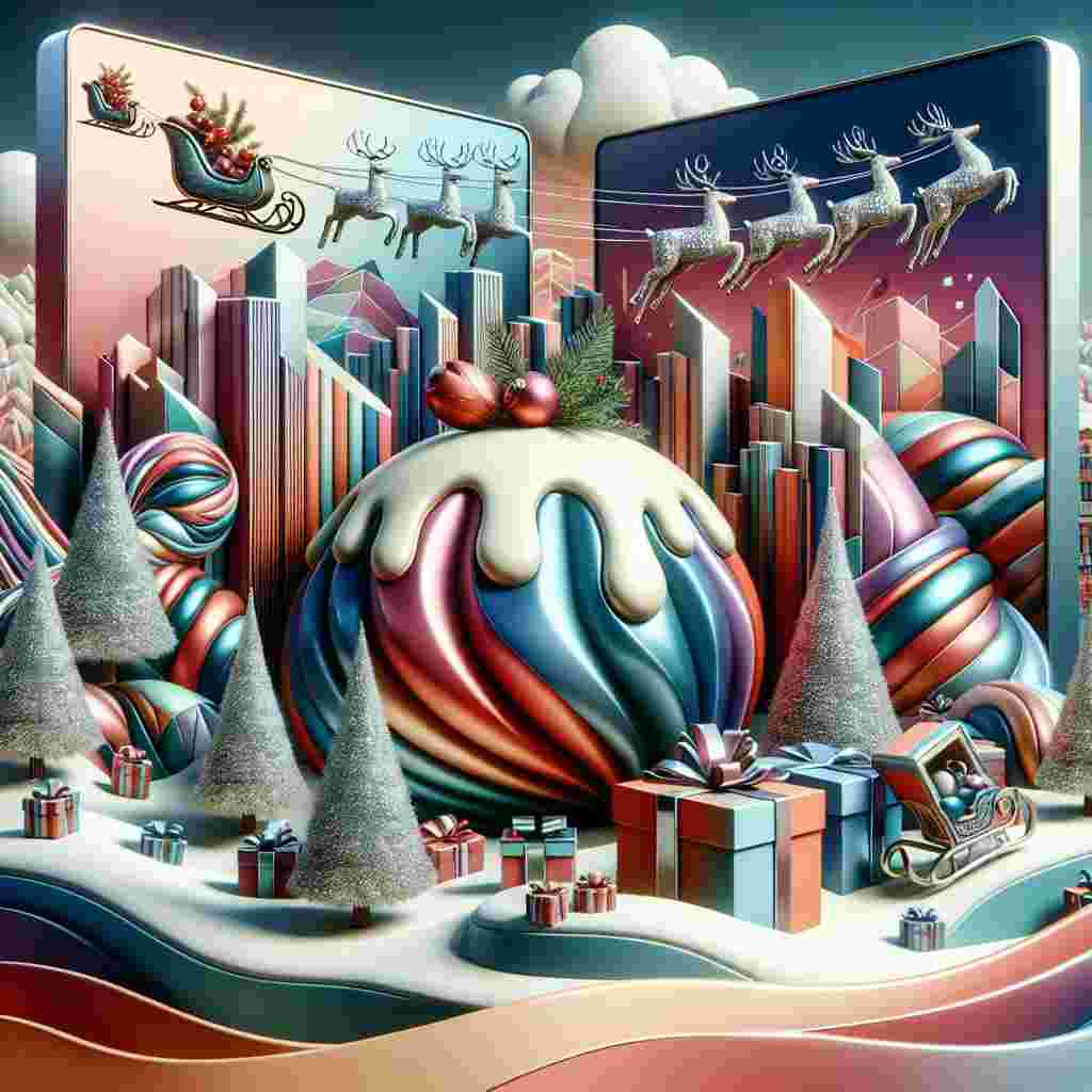 A charming abstract Christmas scene envelops Sohail Shah amidst whimsical televisions displaying festive images of Salford. Oversized, colorful Christmas puddings dot a snowy landscape where stylized sleighs glide past abstract Christmas trees. Presents wrapped in shiny silver ribbon sit under the trees, and above, reindeer carved from geometric shapes leap across a cotton candy sky. The phrase 'Merry Christmas and Happy 2024 from King Of Sunshine' is emblazoned like a cheerful banner across the top.
Generated with these themes: Sohail Shah, Televisions , Salford , Christmas puddings , Sleighs, Christmas trees, Presents with silver ribbon, and Reindeer .
Made with ❤️ by AI.