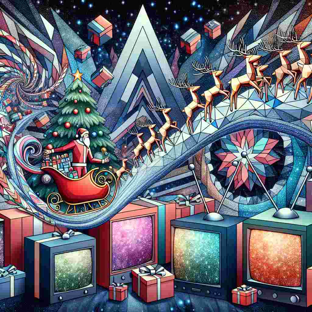 In this playful, abstract depiction of Christmas, Sohail Shah is playfully integrated into a festive backdrop. Cartoonish televisions tuned to the sights of Salford flicker beside vibrant images of Christmas puddings and sleek geometric sleighs flying over a mosaic of Christmas trees. Each tree is surrounded by gifts bedecked in glistening silver ribbons, while polygonal reindeer prance in the sky overhead. The festive wish, 'Merry Christmas and Happy 2024 from King Of Sunshine', is woven into the scene with swirling, candy cane-striped lettering.
Generated with these themes: Sohail Shah, Televisions , Salford , Christmas puddings , Sleighs, Christmas trees, Presents with silver ribbon, and Reindeer .
Made with ❤️ by AI.