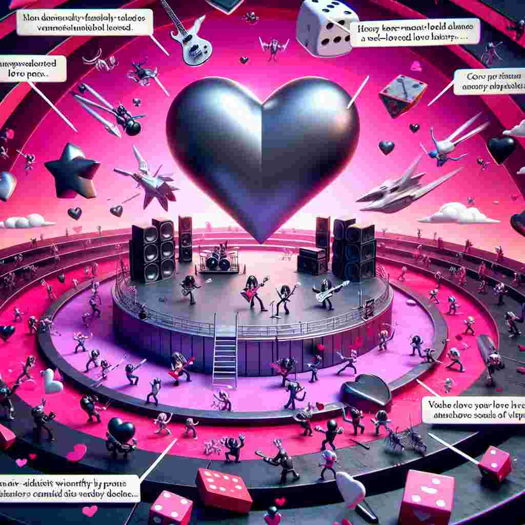 Visualize a whimsical Valentine's Day scene in a topsy-turvy animated world. A massive heart-shaped, metallic stage is located in the middle, where animated characters passionately perform heavy metal love ballads. The sky is a spiral of vibrant pink and black tones, perforated by floating game pieces and dice from well-loved board games. These unexpected props act as platforms for the characters to jump amidst dynamic scenes. Non-distinct whimsically-dressed superheroes partake in friendly battles while trading heart-shaped comic-strip-style speech bubbles filled with clever expressions of affection.
Generated with these themes: Metal music, Board games, and Marvel.
Made with ❤️ by AI.