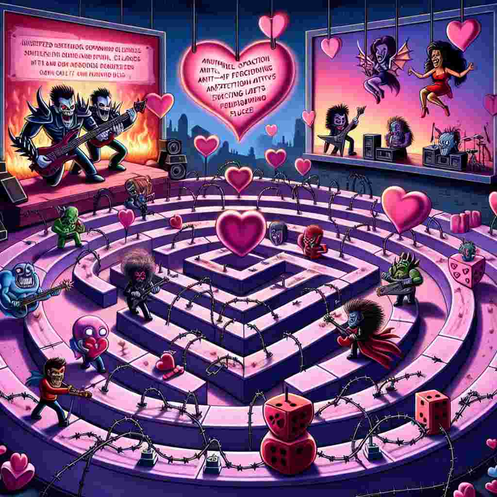 Envision a surrealist Valentine's Day themed cartoon. The backdrop is an intense dark metal concert infused with hearts, animated musicians playing guitars and fervently singing metal ballads. A labyrinthine board-game surrounds the animated stage, featuring slots that depict iconic superhero scenes but with a romantic twist. Teams of duos traverse this game maze, facing off against antagonists that lob anti-affection explosives cunningly masquerading as fluffy dice. Floating above this scene, unspecified superhero-themed characters, each with unique distinguishing traits, swing on heart garlands made of barbed wire, trading witty jests and game tokens as affectionate gestures.
Generated with these themes: Metal music, Board games, and Marvel.
Made with ❤️ by AI.
