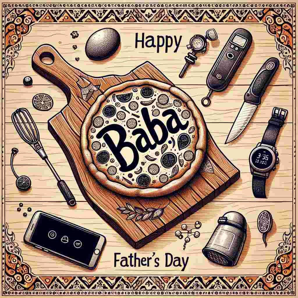 Illustrate a Father's Day tribute scene without directly portraying a father. Display a wooden cutting board in the foreground, shaped like a pizza, engraved with 'Baba' in playful font, indicating a fondness for cooking. Scatter modern gadgets such as a smartphone, smartwatch, and a digital thermometer nearby, suggesting a tech-savvy persona. Sketch barbecuing tools crossed over an open flame in the center to anchor the composition. Border the scene with intricate Persian patterns. Above all these, curve the warm salutation, 'Happy Father's Day', to complete the welcoming atmosphere.
Generated with these themes: Baba, Pizza chef, Gadgets, Barbecuing, Iranian, and Happy Father's Day.
Made with ❤️ by AI.