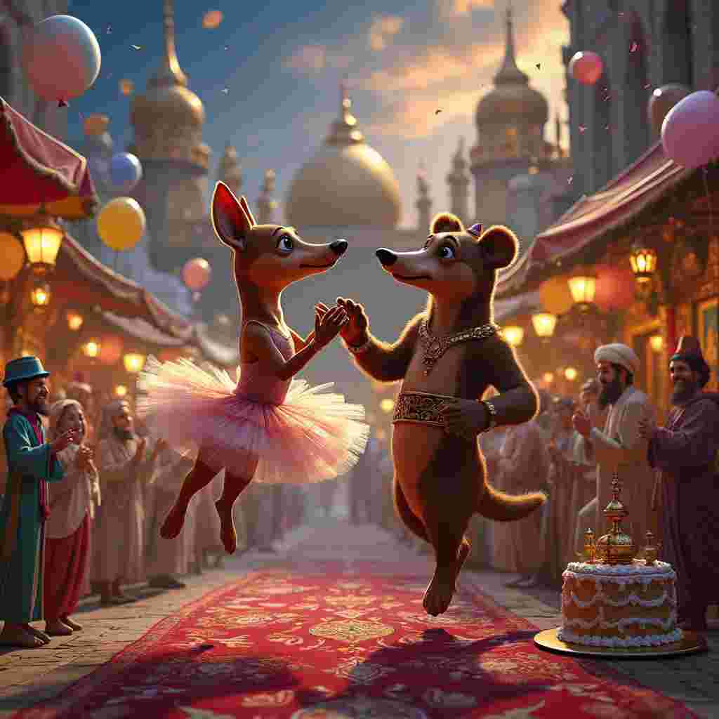 In the midst of an enchanted bazaar set straight out of Disney's Aladdin, with vibrant market stalls and ornate Persian carpets laid out, a whimsical and surreal scene unfolds. A sausage dog ballerina, sporting a glittering tutu and dainty ballet slippers on its tiny paws, pirouettes gracefully on a magical flying carpet. The sausage dog has human-like expressive eyes, with thick, dramatic eyelashes, and a broad smile, as it twirls mid-air. 

Opposite the sausage dog is a bear dressed in a traditional Aladdin costume, complete with a small vest, billowing harem pants, and a tiny fez perched on its head. The bear stands on its hind legs, executing a surprisingly elegant pas de deux, its paws outstretched towards the sausage dog, human-like and adorned with rings and bracelets. Both the sausage dog and the bear appear to be in a joyful dance, their eyes locked in a mischievous, almost conspiratorial gaze.

The backdrop of their performance is the iconic palace of Agrabah, with its towering spires and golden domes shimmering under a twilight sky dotted with floating lanterns. Around them, a festive birthday celebration is in full swing. Balloons shaped like genies and flying carpets float in the air, while streamers cascade down like a magical waterfall. The market stalls are brimming with birthday cakes topped with Aladdin-themed decorations—genie lamps, magic carpets, and miniature palaces.

A crowd of human-like spectators, dressed in a mix of traditional Arabian and whimsical party attire, cheers and claps, some holding party poppers and confetti cannons ready to burst. The overall composition is a delightful mix of fairy tale magic and birthday celebration, with an outlandish twist that brings the sausage dog ballerina and dancing bear to life in a wonderfully absurd yet charming scene.
Generated with these themes: Sausage dog ballerina dancing with a bear, Birthday , Funny, Look human like, and Dancing on a Disney Aladdin set .
Made with ❤️ by AI.