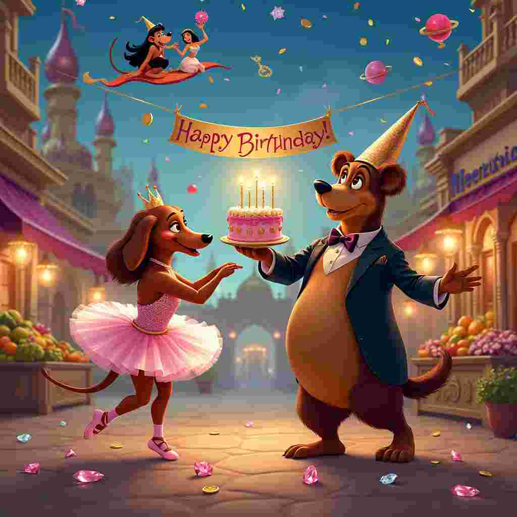 In the middle of a whimsical Aladdin-esque marketplace, with the backdrop of a golden palace adorned with glittering spires, a sausage dog ballerina and a bear take center stage. The sausage dog, wearing a sparkly pink tutu, delicate ballet shoes, and a tiny tiara, stands on her hind legs, gracefully poised in an arabesque. Her elongated body adds an amusing twist to her elegant form. The bear, sporting a human-like tuxedo with a satin bow tie and shiny patent leather shoes, stands opposite her, performing an impressive pirouette. His bulky, furry form contrasts hilariously with his sophisticated attire and precise dance moves.

Surrounding them, colorful market stalls overflow with exotic fruits, vibrant fabrics, and trinkets, with a few animated characters from the Aladdin movie cheering them on. Genie, dressed in a festive birthday hat, holds a glowing cake with lit candles, while Abu the monkey, also in a tiny birthday hat, juggles fruits in the background. Floating above the scene on a magic carpet, Aladdin and Jasmine sprinkle confetti down on the dancers.

A banner strung between two market stalls reads "Happy Birthday!" in elaborate, glittering script. The ground is dotted with oversized gems and golden coins, hinting at the treasure-filled Cave of Wonders. All around, the colors are vibrant and saturated, with a mix of warm desert tones and the cool blues and purples of twilight.

This enchanting yet comical tableau captures the essence of a magical birthday celebration, blending the unexpected charm of a sausage dog ballerina and a dapper bear dancing amidst the familiar and fantastical world of Aladdin.
Generated with these themes: Sausage dog ballerina dancing with a bear, Birthday , Funny, Look human like, and Dancing on a Disney Aladdin set .
Made with ❤️ by AI.