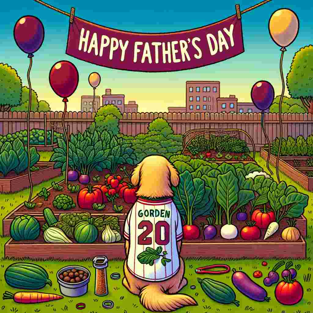 Generate a lively Father's Day cartoon featuring a busy plot in a community garden. At the center of the scene stands a proud golden retriever wearing a garden-themed jersey, admiring a collection of enlarged vegetables. The garden is adorned with balloons in shades of maroon and blue, and a 'Happy Father's Day' banner flutters gently in the wind. The scene suggests a festive celebration arranged by the playful dog for its absent owner.
Generated with these themes: West ham, Allotment, and Golden retriever.
Made with ❤️ by AI.