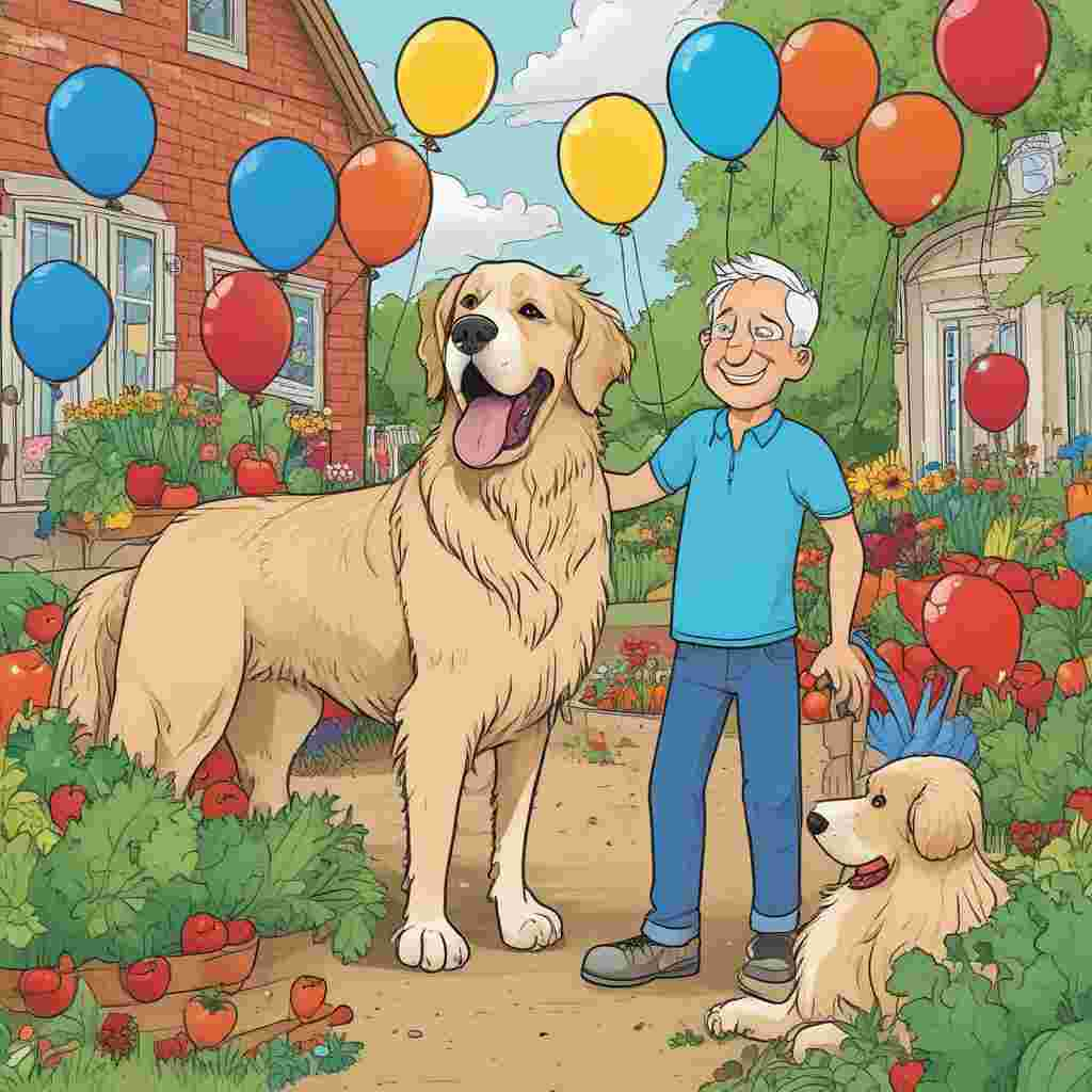 Cartoon Funny, Generate a lively Father's Day cartoon featuring a busy plot in a community garden. At the center of the scene stands a proud golden retriever wearing a garden-themed jersey, admiring a collection of enlarged vegetables. The garden is adorned with balloons in shades of maroon and blue, and a 'Happy Father's Day' banner flutters gently in the wind. The scene suggests a festive celebration arranged by the playful dog for its absent owner.
Generated with these themes: West ham, Allotment, and Golden retriever.
Made with ❤️ by AI.