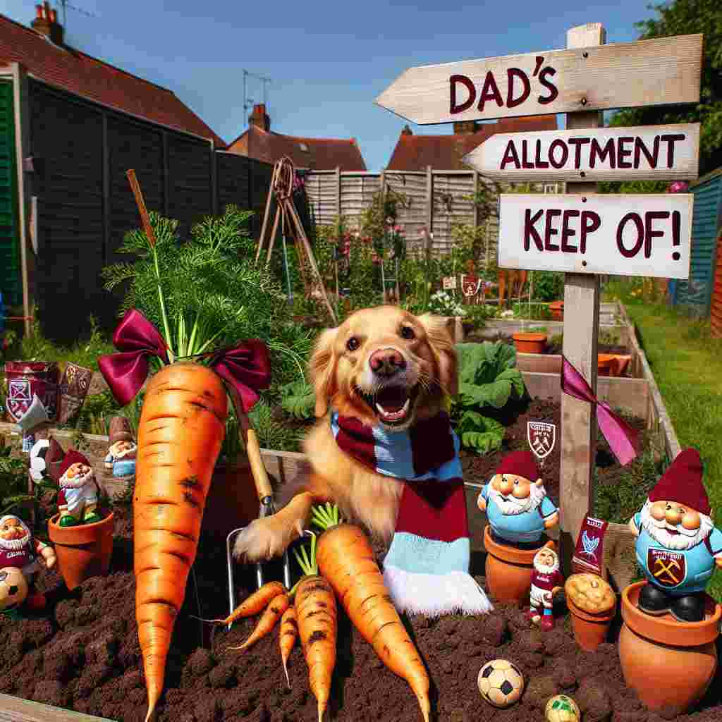 Paint a joyous scene in a sun-drenched garden allotment. A happy golden retriever, sporting a scarf in West Ham football team colors, is energetically digging, revealing a peculiarly shaped carrot that closely resembles a football. Not too far off, a handwritten signpost stands proclaiming, 'Dad's Allotment - Keep Off!' augmenting the scene's festiveness. Surrounding this signpost are a variety of garden gnomes embellished with football touches. Additionally, various vegetables tied with ribbons of maroon and blue hue are scattered about the allotment, creating an unusual and lighthearted tribute for Father's Day.
Generated with these themes: West ham, Allotment, and Golden retriever.
Made with ❤️ by AI.