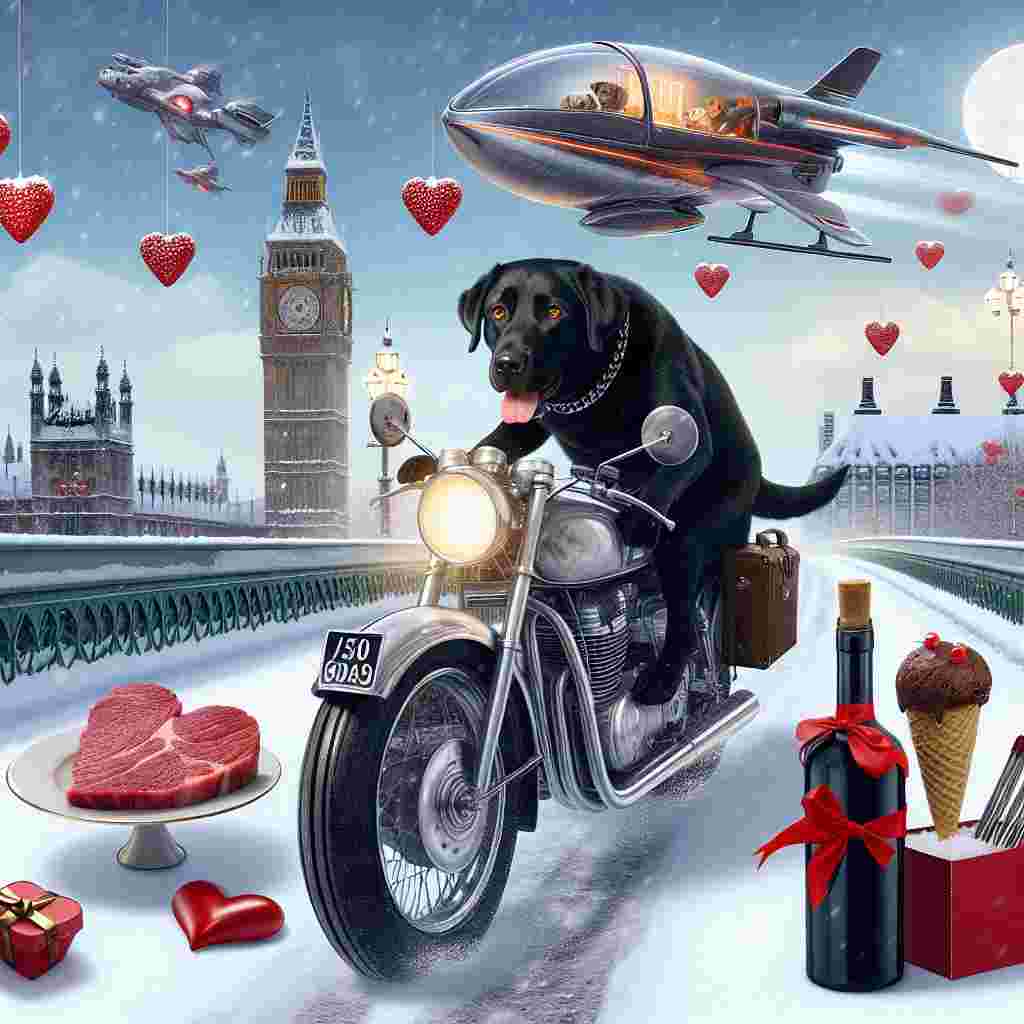 Imagine a snowy Valentine's Day scene with a Black Labrador riding a high-speed motorbike on a bridge. The dog's eyes radiate unbridled joy, reflecting the luster of the sleek motorbike. In the attached sidecar, there's an unconventional surprise: a heart-shaped piece of steak served in an ice cream cone, reflecting a fervent love for both sustenance and affection. A bottle of soothing spirit tied with a scarlet bow symbolizes the deep warmth shared between dear ones. High in the sky, a playful futuristic spacecraft, decorated with love themed ornaments, adds a whimsical element to this lovely, romantic tableau.
Generated with these themes: Black Labrador riding a sports motorbike, Tyne bridge, Heart shaped steak in ice cream cone, Whiskey, Snow, Star Wars X wing fighter, and Romantic .
Made with ❤️ by AI.