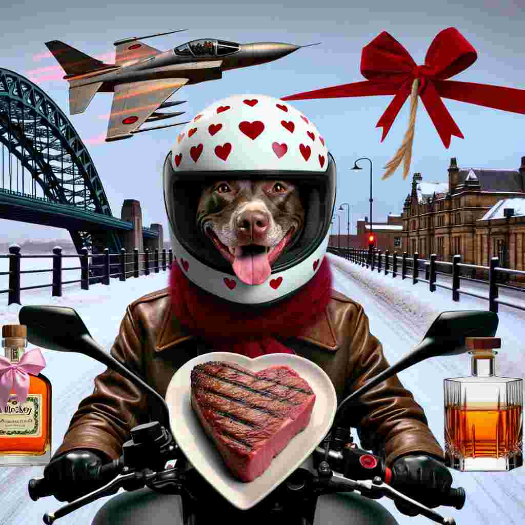 An amusing image embodying the essence of Valentine’s Day with a playful tone. A grinning Labrador of African descent dons a helmet dotted with hearts as it rides a modern sports motorcycle over the renowned Tyne Bridge. A comedic juxtaposition of affection and hunger is represented by a heart-shaped steak audaciously mounted on an ice cream cone. Embellished with classy bows, whiskey bottles cast a warm light on the wintry scene. An uncommon sci-fi fighter plane, reminiscent of the sort seen in popular space-opera films, streaks across the sky carrying a string of hearts, instilling a sense of daring love to the celebration.
Generated with these themes: Black Labrador riding a sports motorbike, Tyne bridge, Heart shaped steak in ice cream cone, Whiskey, Snow, Star Wars X wing fighter, and Romantic .
Made with ❤️ by AI.