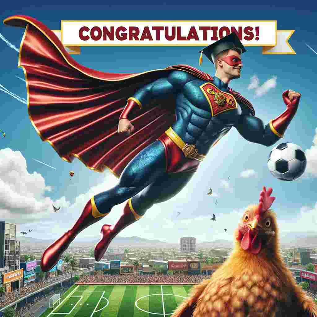 The image showcases an iconic superhero, instantly recognizable by his costume adorned with a large crest on the chest, soaring above a lively city in his classic flying posture. As he glides, he flips his cape to reveal 'Congratulations!' boldly displayed on the inside. Beneath him, an animated chicken, adorned with a graduation cap, performs a comedic victory dance holding a soccer ball triumphantly like a trophy, adding a fun, playful element that highlights recent accomplishments.
Generated with these themes: Superman , Chicken , and Football .
Made with ❤️ by AI.