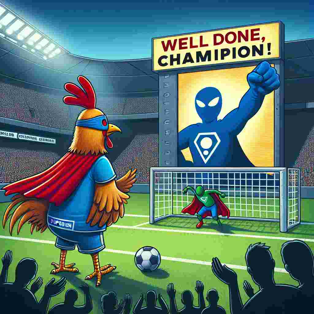 In a roaring stadium, a chicken donning a superhero outfit emblazoned with a 'Superhen' emblem is seen playing football. The spectators are on their feet, applauding, as the chicken nets a goal. Out of the blue, an anonymous superhero with a red cape and a blue outfit swoops down, high-fiving the chicken as the scoreboard flickers to display 'Well Done, Champion!' in bold letters, crafting a comedic yet motivating scene to honor an achiever's triumph.
Generated with these themes: Superman , Chicken , and Football .
Made with ❤️ by AI.