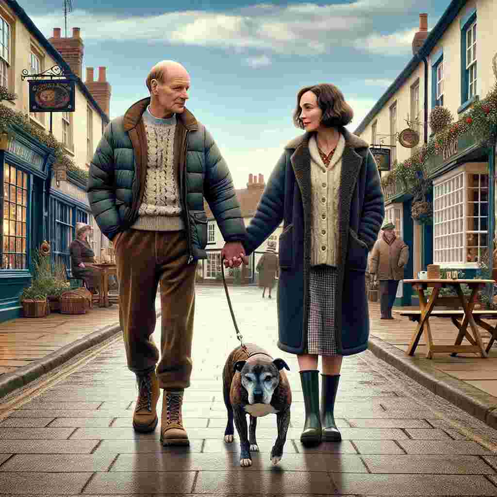 Imagine a tranquil Valentine's Day scene set in a quaint English market town. The sky is a calm blue, embodying serenity and peace. A charming British couple in their late 50s are seen walking down the street, their backs to us. The man is slim, clean-shaven, with a bald head and brown hair at the sides, while the woman has shoulder-length brunette hair and is a bit plump. They are both comfortably dressed in padded jackets and sturdy walking boots, radiating an aura of contentment. Their hands are lovingly intertwined, sharing this beautiful moment with their elderly chubby brindle Staffordshire bull terrier who trails beside them on a leash. Surrounding them are vintage vinyl record shops, a rustic English pub with cozy tables outside, all contributing to the heartwarming atmosphere of Valentine's day.
Generated with these themes: The back of a white British couple. middle aged, late 50s. brown haired bald headed man, clean shaven, slim build. Brunette shoulder length hair lady, overweight. Wearing padded jacket and walking boots. Walking holding hands, with an old chubby brindle Staffordshire bull terrier on a lead., Buying vinyl records, English market town street, Tables outside a pub, Blue sky, Love, and Happy Valentine's.
Made with ❤️ by AI.