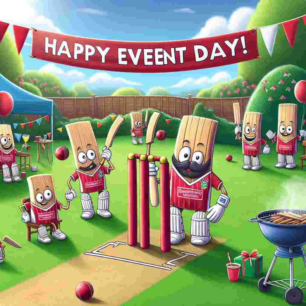 Generate a colourful cartoon scene for a special occasion. The setting is a backyard with a large banner that says 'Happy Event Day!', fluttering above a well-manicured cricket field. In the foreground, a family of lively cricket bats, wearing jerseys of an unidentified football club in red and white, are having a fun match, with the stumps festooned with red and white ribbons. A grill is nearby, casting a delicious scent of a special feast, and a cricket ball bearing a drawn mustache sits on a makeshift throne, signifying the unrepresented father figure.
Generated with these themes: CRICKET, and LIVERPOOL.
Made with ❤️ by AI.