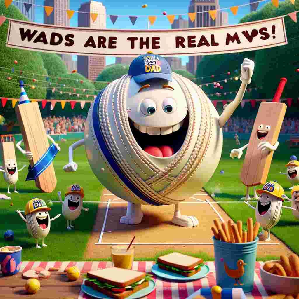 Illustrate a scene in a whimsical animated park, teeming with a Father's Day celebration. Instead of a human father, depict a large, laughing cricket ball at the fraction of the scene, wearing a 'World's Best Dad' sash and a sports team cap. Accompanying it are smaller cricket bats playfully wearing festive party hats, engaging enthusiastically in a game of cricket. Overhead, there is a large banner that reads 'Dads are the Real MVPs!'. Nearby this joyful setup, there's a charming picnic layout featuring sandwiches artistically cut into the shape of a symbolic bird, representing a city known for its sports passion.
Generated with these themes: CRICKET, and LIVERPOOL.
Made with ❤️ by AI.