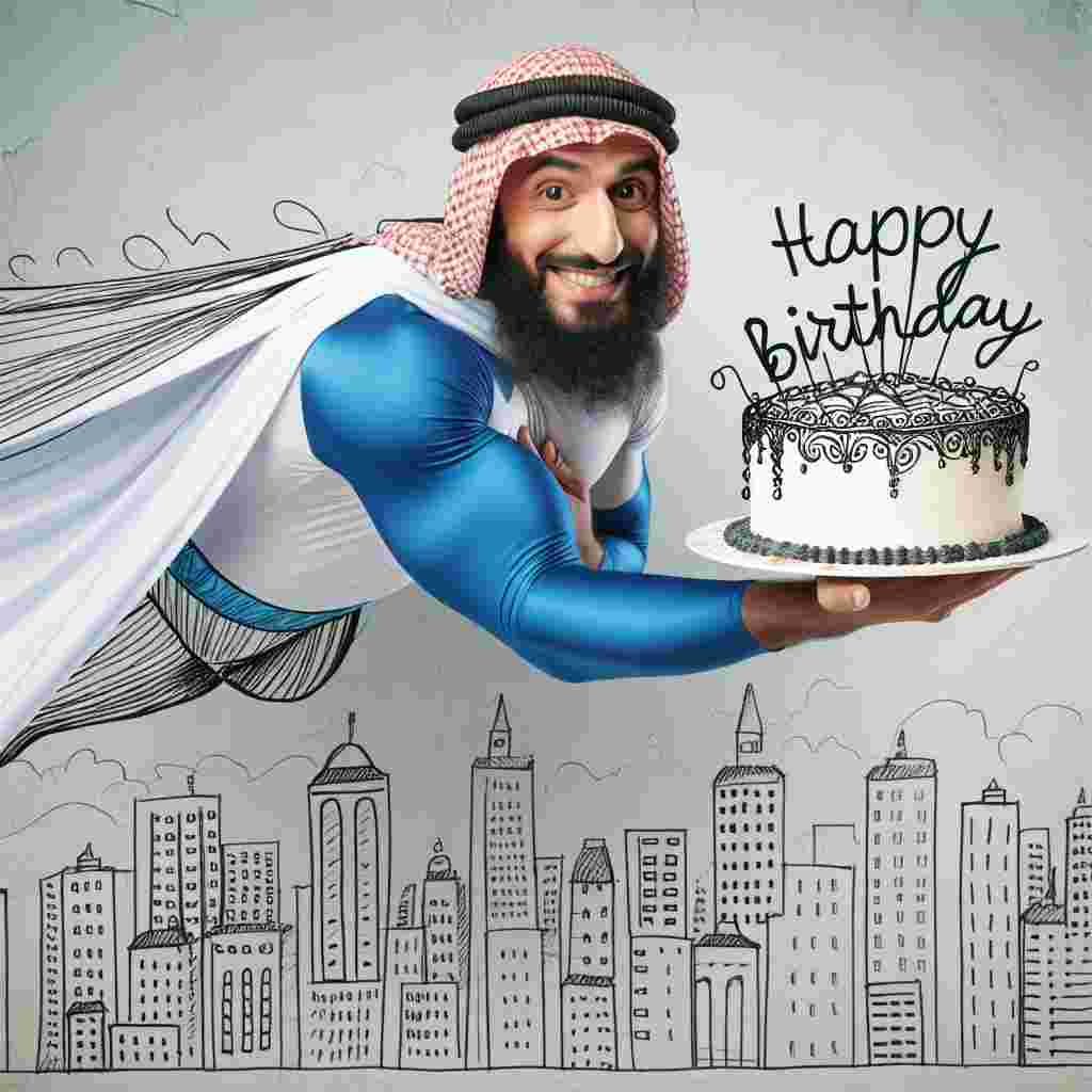 The illustration paints a picture of a husband character wearing a superhero cape, pretending to fly with a hand-drawn cityscape behind him. He's holding a cake with one hand, on which 'Happy Birthday' is written in icing, looking both funny and endearing.
Generated with these themes: funny husband  .
Made with ❤️ by AI.