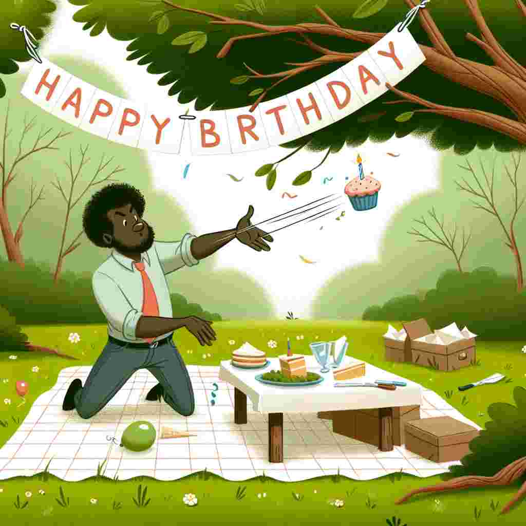 A charming illustration depicts a sunny park with a picnic set out on the grass. The funny husband character is in the midst of a playful food fight, cheekily tossing a cupcake with a candle on it. Above them, tied to a tree branch, a banner sways with the text 'Happy Birthday'.
Generated with these themes: funny husband  .
Made with ❤️ by AI.