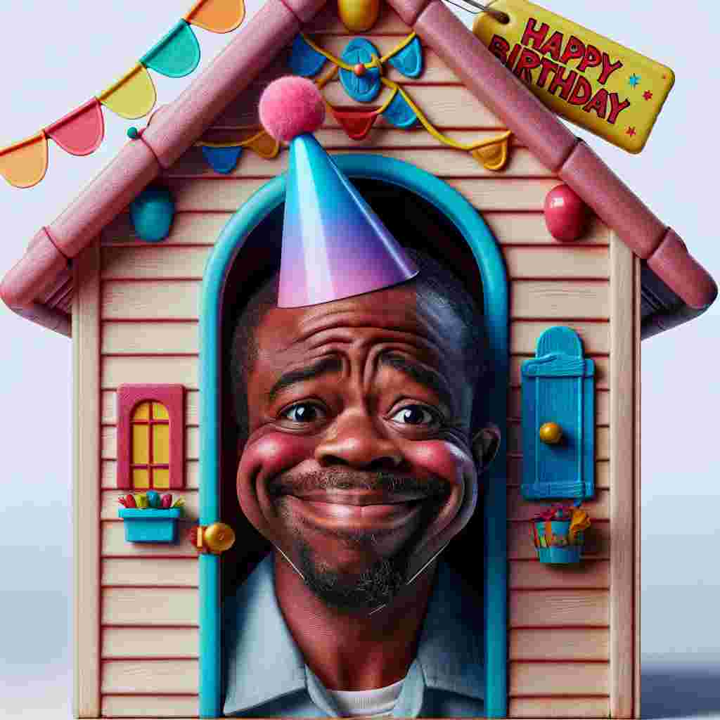 The drawing shows a husband character dressed up in a too-small party hat, stuck in a comically small children's playhouse, with a sheepish smile. Outside, the playhouse is festively decorated, and a sign with the words 'Happy Birthday' hangs crookedly from the roof.
Generated with these themes: funny husband  .
Made with ❤️ by AI.