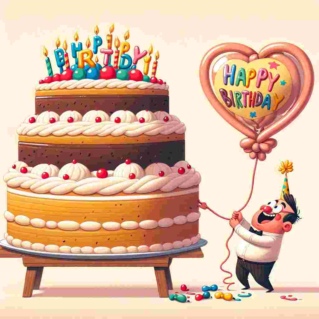 The scene features a comically oversized birthday cake towering over a small table. A cartoonish husband character, with a mischievous grin, is attempting to add yet another layer. Beside the cake, a balloon animal in the shape of a heart reads 'Happy Birthday' in bubbly letters.
Generated with these themes: funny husband  .
Made with ❤️ by AI.