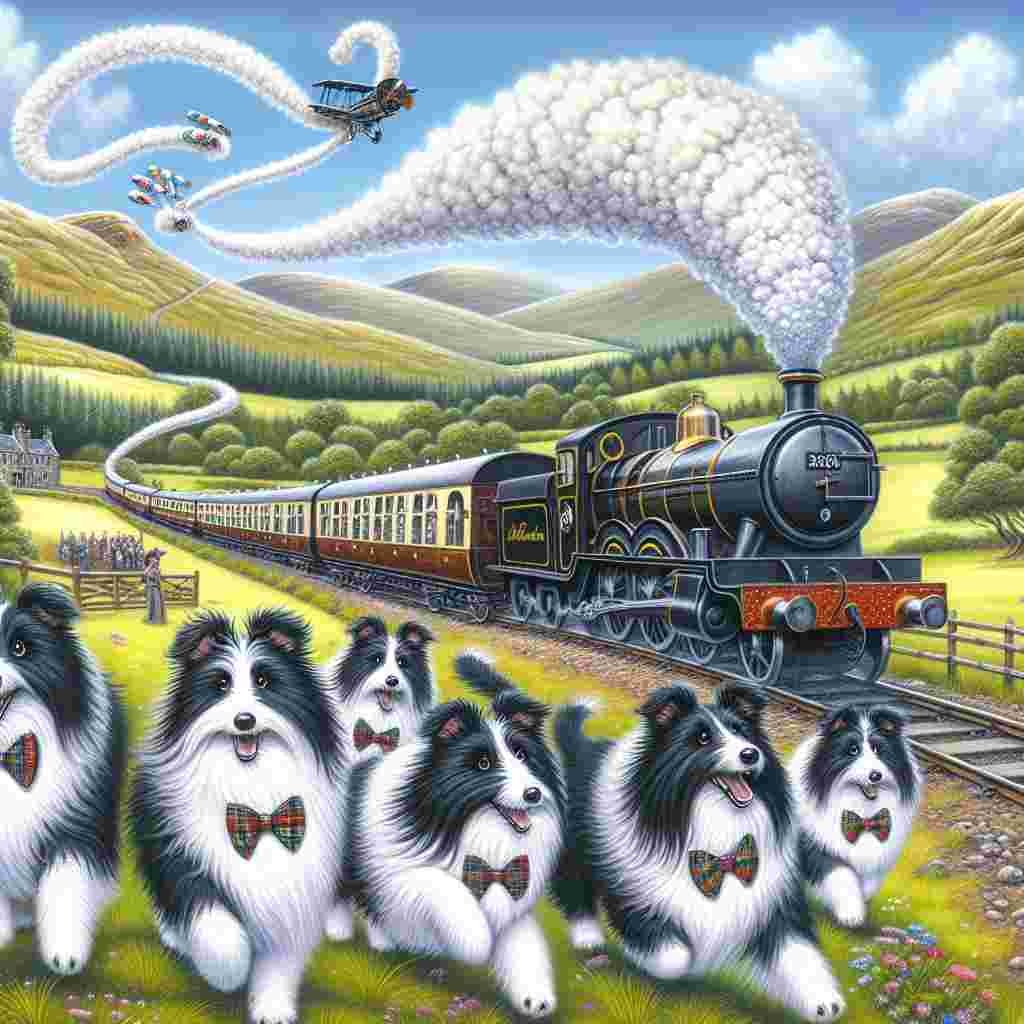 Depict a picturesque Scottish landscape with rolling hills and a traditional steam train chugging along the tracks. The train is whimsically decorated with the MacBean tartan pattern, signifying a Father's Day celebration. Several eager Bearded Collie dogs, alternately black and white and wearing tartan bows, are playfully chasing the train, their tails wagging with joy. There's a playful puff of smoke billowing from the train that forms endearing shapes in the sky, one of which whimsically looks like a 'Happy Father's Day' message, rounding off the festive atmosphere.
Generated with these themes: black and white bearded collie dogs, scotland, MacBean tartan and trains .
Made with ❤️ by AI.