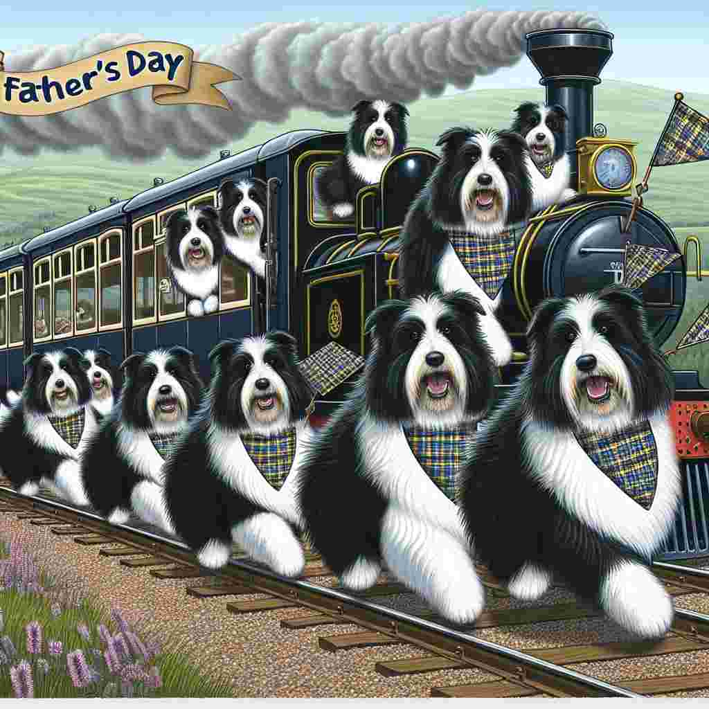 In a Father's Day-themed cartoon scene located in Scotland, multiple black and white bearded collie dogs are shown. They carry an air of playfulness as they run along the side of an old-fashioned train. All dogs proudly wear bandanas featuring the patterning of the MacBean tartan, indicative of Scottish heritage. Similarly, the train is adorned with streamers showing the grand MacBean tartan, reinforcing the theme. These dogs seem engaged in a mission, delivering Father's Day greeting cards that flutter behind them, symbolizing a father's ongoing support and guidance. The background reveals a clear Scottish skyline, and in a humorous twist, the train's smoke whimsically forms the word 'Dad', further emphasizing the festive celebration.
Generated with these themes: black and white bearded collie dogs, scotland, MacBean tartan and trains .
Made with ❤️ by AI.