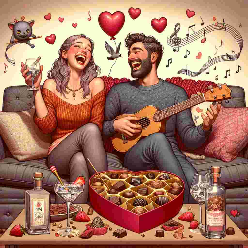In this Valentine's Day themed artwork, a heart-warming ambiance is set with a Caucasian woman and a Middle-Eastern man laughing together. They're comfortably settled on a plush couch in a cozy living room. Muscial notes are floating in the air, coming out from a quirky ukulele, painting a picture of their mutual passion for music. A coffee table in front of them holds a heart-shaped box spilling over with gourmet chocolates. There's also a high-fashion gin cocktail set with two glasses, indicating a night of intimate celebrations. The mirth, along with the elements of music, indulgent chocolates, and gin, paints a stunning image encapsulating the essence of a joyous Valentine's Day.
Generated with these themes: Music, chocolate, gin, laughing, .
Made with ❤️ by AI.