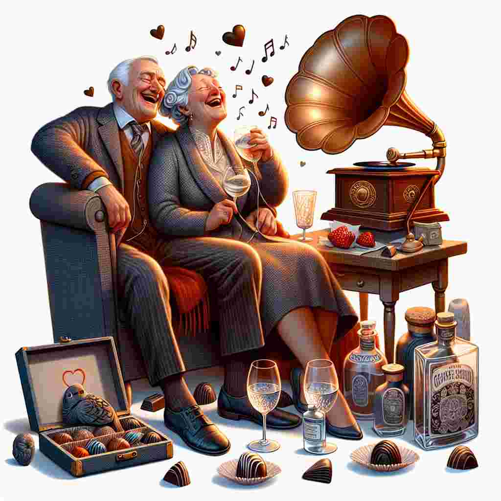 Create an image illustrating a comfortable and heartwarming Valentine's Day scene filled with pleasure and happiness. The main focus should be on two figures of any descent and gender, sitting near each other, expressing joy by laughing at a playful song that emerges from an old-fashioned gramophone, signifying the importance of music in their relationship. The surroundings include a variety of handmade chocolates, gently enclosed in wrapping, hinting towards the delightful and sweet nature of their affection for one another. In the setting, an exquisite bottle of gin and two sophisticated glasses sit idly, waiting to be used for a celebratory toast to their mutual joy.
Generated with these themes: Music, chocolate, gin, laughing, .
Made with ❤️ by AI.