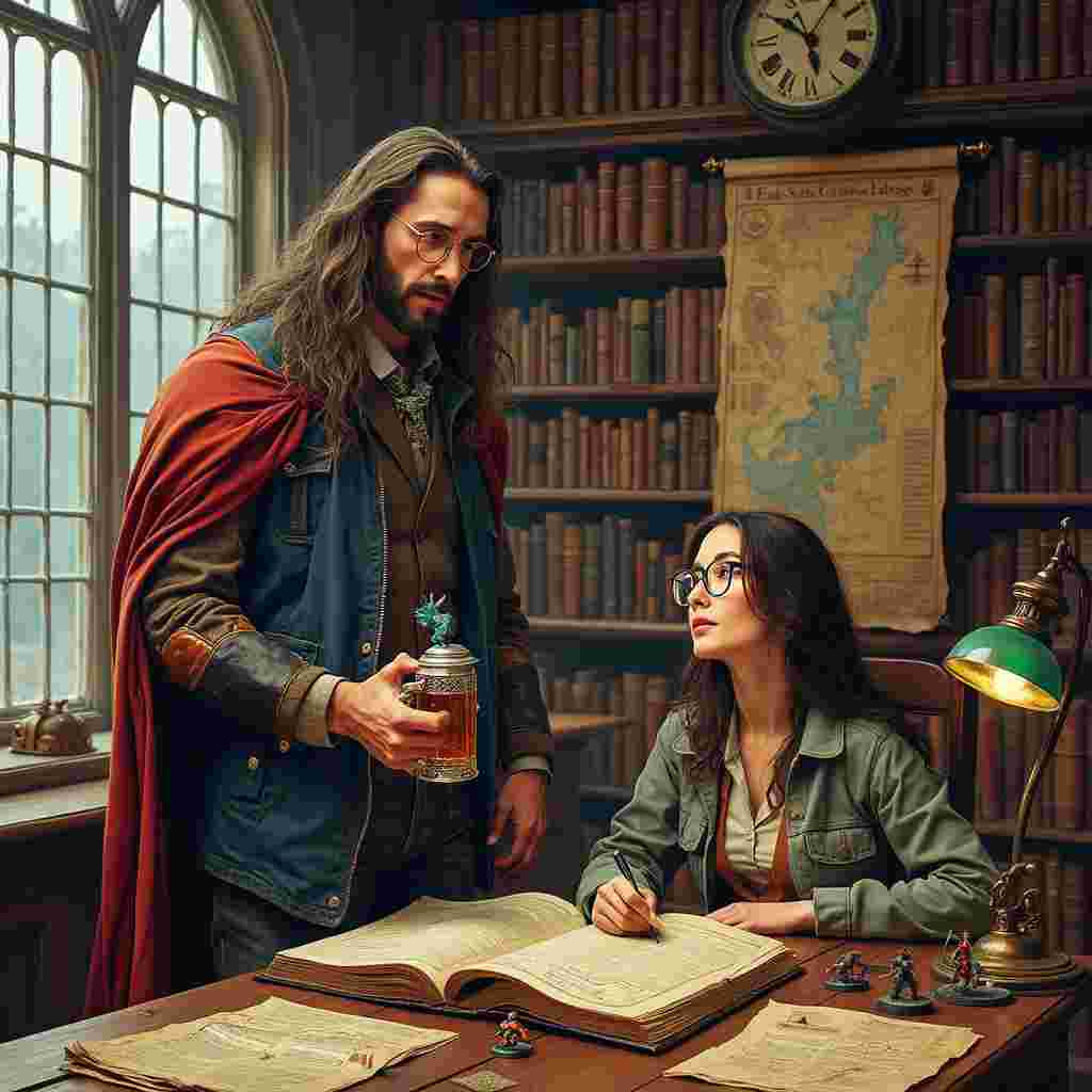 In the heart of an ancient library, a towering figure named Alex stands beside a sturdy oak table, its surface worn smooth by countless years of use. Alex has long, flowing hair that cascades over his shoulders, and he wears round, gold-rimmed glasses perched on his nose. He is dressed in a tweed jacket with leather elbow patches, evoking the classic image of a dedicated teacher. In one hand, Alex holds an intricately detailed Warhammer miniature, a Space Marine in battle-ready armor, meticulously painted in rich hues of blue and gold.

Erin, a slender figure with equally long hair, sits across from Alex, deeply engrossed in a thick, ancient tome filled with arcane symbols and intricate illustrations. She wears a pair of silver-framed glasses, and her attire consists of a cozy, oversized sweater that envelops her thin frame. Surrounding the pair are towering bookshelves that stretch up to a high, arched ceiling, each shelf crammed with leather-bound volumes, their spines cracked and their pages yellowed with age.

Between them on the table is an assortment of items that tell their story: a stein of frothy beer with an ornate, pewter lid sits near Alex’s elbow, and scattered around are tiny Warhammer figurines in various stages of assembly. Beside Erin's book lies a stack of graded papers, some with red ink scrawls, hinting at her role as a diligent teacher. A small, brass reading lamp with a green glass shade casts a warm, inviting glow over the scene.

On the wall behind them, an old, tattered map of a fantastical world is pinned, its corners curling from age. Above it hangs a vintage clock, its hands frozen at the exact moment this scene captures—a timeless snapshot of shared passion and quiet companionship. Each element in the room speaks of dedication, intellect, and a deep bond forged through shared interests.

This detailed tableau, inspired by the likes of Norman Rockwell’s heartwarming scenes, the intricate line work of Aubrey Beardsley, and the fantastical elements of Maurice Sendak and Arthur Rackham, invites the viewer to explore every nook and cranny, discovering the rich narrative woven into this solemn birthday-themed scene.
Generated with these themes: Alex, Warhammer, Beer, Teacher, Long hair, Glasses, Thin, Books, and Erin.
Made with ❤️ by AI.