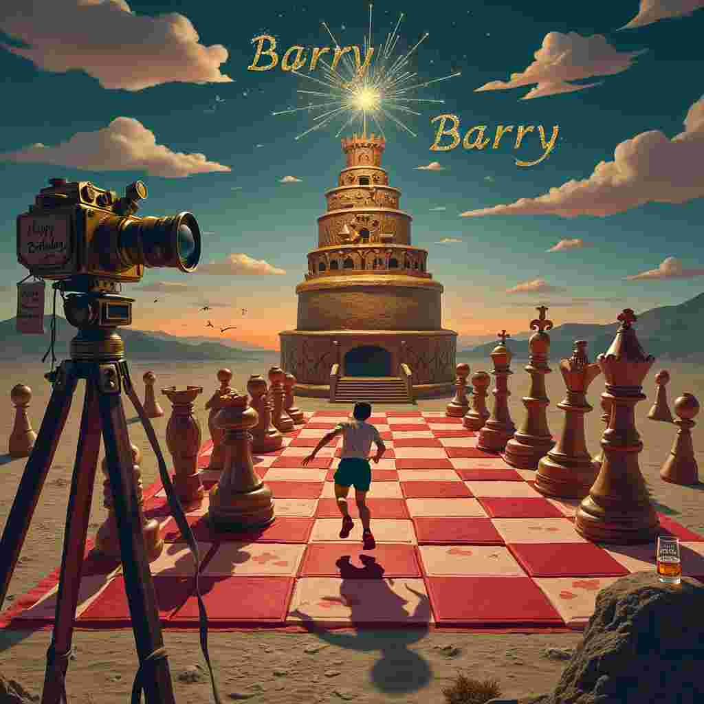 The front cover of the birthday card is an intricate, surrealistic scene set in an expansive desert at twilight, where reality blends with fantasy. A giant, intricately carved red chessboard stretches out into the horizon, with oversized chess pieces scattered across it. Each chess piece is a combination of traditional figures and unusual elements: a queen with a camera lens for a head, a rook that doubles as a whiskey bottle, and pawns wearing tiny trainers.

In the foreground, there is a figure running energetically across the chessboard. The runner, dressed in vibrant red trainers, appears to be mid-stride, with motion blur emphasizing their speed. Their shadow stretches out behind them, hinting at the late hour of the day.

To the left of the runner, there's an antique, tripod-mounted camera, positioned as if it’s capturing the action. The camera has a brass body, and the tripod legs are made of polished wood, giving it an old-world charm. Hanging from the camera is a leather strap with a tiny, hanging sign that reads "Happy Birthday Barry" in elegant, handwritten script.

In the background, there's a gigantic, surreal birthday cake. The cake is tiered, with each layer being a different thematic nod: one layer resembles a whiskey barrel, another a chessboard, and another a pair of running shoes. Atop the cake, sparklers spell out “Barry” in bright, golden light, creating a magical glow.

Above this whimsical scene, the twilight sky is painted with a gradient of deep oranges and purples. Clouds in the shape of chess pieces drift lazily, and a flock of birds, shaped like tiny, flying cameras, soar across the sky. Among the clouds, the word “Barry” is subtly formed, as if written in the sky by an invisible hand.

In the bottom right corner, a small whiskey glass sits on a rocky outcrop, with a label that reads "Aged to Perfection" and "Barry" engraved on it, adding a final, personalized touch to the surreal landscape.
Generated with these themes: Red, Running, Chess, Photography , Trainers , and Whiskey.
Made with ❤️ by AI.