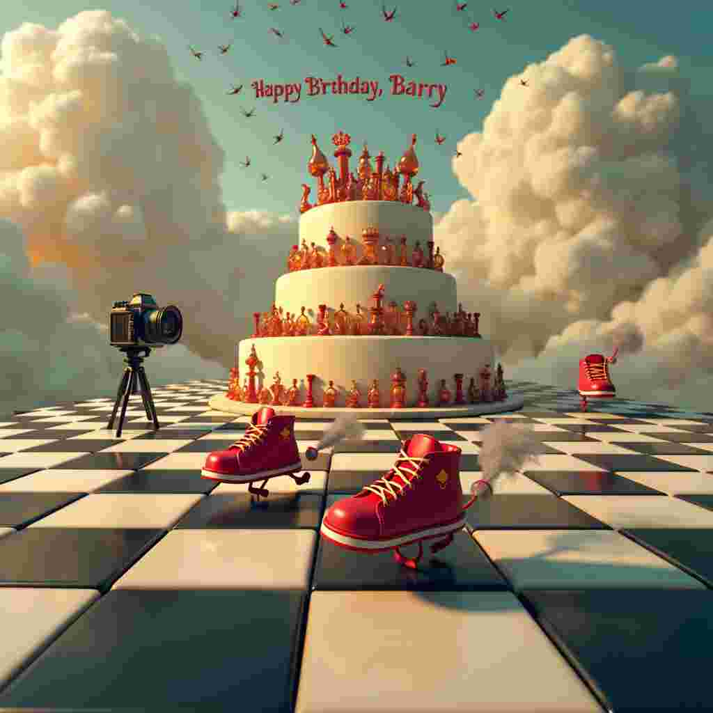 In the foreground of the surreal birthday scene, a pair of bright red trainers are animatedly running along a gigantic chessboard that stretches out like an endless path. Each trainer has a small, whimsical face with a joyful expression, and they leave behind whimsical puffs of smoke shaped like tiny whiskey glasses, giving a nod to Barry's appreciation for fine whiskey. To the left of the chessboard, an old-fashioned camera, complete with a large bellows and a shiny lens, is on a tripod capturing the scene. The camera has arms and legs, almost humanoid, and it seems to be chasing the running trainers, the lens clicking furiously.

In the middle ground, a massive birthday cake is set upon a checkered square. The cake is tiered, with each layer adorned with chess pieces as decorations. On the topmost layer, written in elaborate icing, is "Happy Birthday Barry" in vibrant red letters. Behind the cake, the chessboard continues but starts to rise into the sky, transitioning into a cloudscape.

In the background, fluffy clouds shaped like chess pieces—knights, bishops, and queens—drift lazily. Among these clouds, the name "Barry" is formed by a series of puffy, red-tinted clouds that stand out against the pale blue sky. Higher up, a flock of small, transparent whiskey bottles with wings can be seen fluttering around, adding to the surrealism of the scene.

The entire scene is bathed in a golden, late-afternoon light, casting long shadows and giving everything a dreamlike quality, while still maintaining the detailed, almost hyper-realistic textures of the chessboard, trainers, camera, and cake.
Generated with these themes: Red, Running, Chess, Photography , Trainers , and Whiskey.
Made with ❤️ by AI.