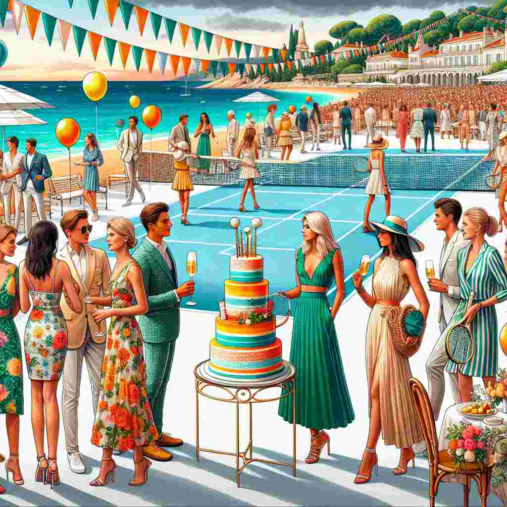 Imagine a beautifully illustrated scene of a tennis-themed birthday party taking place in an elegant seaside tennis club located in a chic town in the South of France. Several diverse guests, a mix of Caucasian and South Asian men and women, all dressed in fashionable, Riviera-inspired outfits, are mingling and enjoying the festive atmosphere around a tennis court that is decorated with colorful streamers and balloons. The centerpiece of the party is a grand, multi-tiered birthday cake painted in hues reminiscent of the sea and sun.
Generated with these themes: Tennis , Fashion, and South of france .
Made with ❤️ by AI.